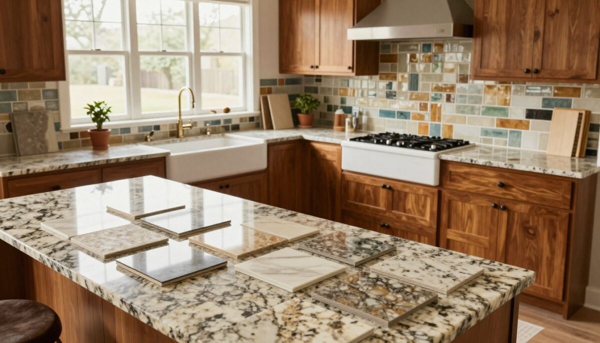 A San Antonio kitchen renovation scene showcasing a stylish and modern design. In the foreground, display various renovation materials such as elegant granite countertop samples, vibrant backsplash tiles, and polished wooden cabinetry. The middle ground features a partially renovated kitchen with unfinished cabinetry and a new, sleek farmhouse sink. In the background, large windows allow soft, natural light to stream in, illuminating the space and enhancing the warm atmosphere. Set the mood to feel inviting and inspirational, with a focus on contemporary Texas design. The angle should be a dynamic view from slightly above eye level to capture the depth and layout of the kitchen. Ensure the overall composition is cohesive, highlighting the beauty and functionality of the materials. A San Antonio kitchen renovation scene showcasing a stylish and modern design. In the foreground, display various renovation materials such as elegant granite countertop samples, vibrant backsplash tiles, and polished wooden cabinetry. The middle ground features a partially renovated kitchen with unfinished cabinetry and a new, sleek farmhouse sink. In the background, large windows allow soft, natural light to stream in, illuminating the space and enhancing the warm atmosphere. Set the mood to feel inviting and inspirational, with a focus on contemporary Texas design. The angle should be a dynamic view from slightly above eye level to capture the depth and layout of the kitchen. Ensure the overall composition is cohesive, highlighting the beauty and functionality of the materials.