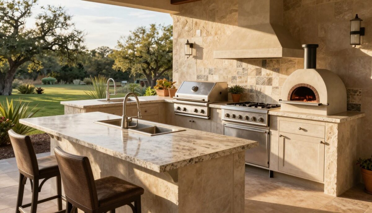 A beautiful outdoor kitchen designed for the San Antonio climate, showcasing durable materials such as weather-resistant stone countertops, stainless steel appliances, and elegant tile backsplashes. In the foreground, a spacious granite island with bar stools invites gatherings. The middle ground features a built-in grill station and a wood-fired pizza oven, both crafted from durable fire-resistant materials. The background captures a lush landscape with native Texas plants, all bathed in warm, golden sunlight, emphasizing the serene atmosphere. The perspective is slightly elevated, offering a sweeping view of the entire kitchen area. Soft shadows and bright highlights create an inviting mood, perfect for outdoor dining and entertaining. This image reflects a functional and stylish outdoor kitchen suited for San Antonio weather.