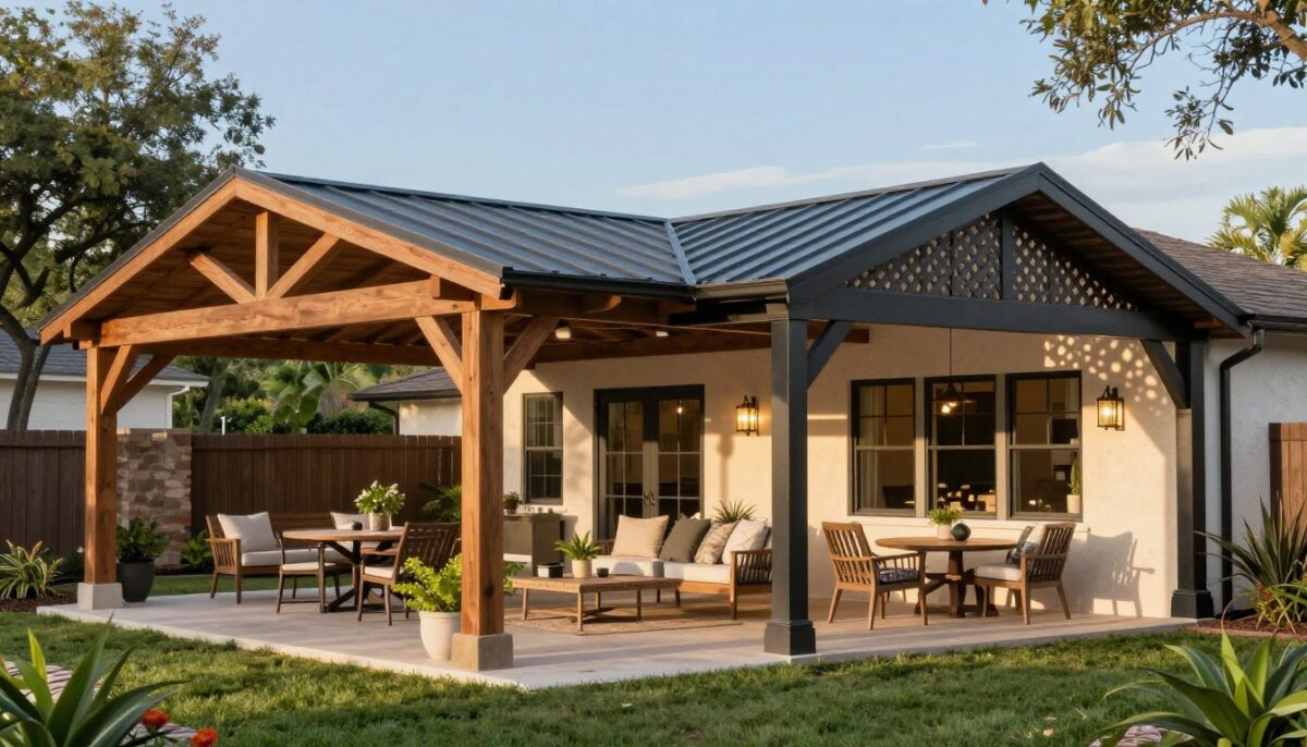 A beautifully designed covered patio showcasing various custom options for Texas homeowners. In the foreground, a selection of stylish patio roofs, including wooden beams, modern aluminum frames, and elegant latticework. The middle ground features a well-furnished patio area with comfortable outdoor seating, tables adorned with plants, and subtle decorative elements reflecting the Texas Hill Country style. The background includes lush greenery and a sunny blue sky, enhancing the inviting atmosphere. Soft, warm lighting creates a welcoming mood, mimicking late afternoon sun. The angle should capture the entire patio area, emphasizing the harmony of design and nature, without any text or watermarks. A beautifully designed covered patio showcasing various custom options for Texas homeowners. In the foreground, a selection of stylish patio roofs, including wooden beams, modern aluminum frames, and elegant latticework. The middle ground features a well-furnished patio area with comfortable outdoor seating, tables adorned with plants, and subtle decorative elements reflecting the Texas Hill Country style. The background includes lush greenery and a sunny blue sky, enhancing the inviting atmosphere. Soft, warm lighting creates a welcoming mood, mimicking late afternoon sun. The angle should capture the entire patio area, emphasizing the harmony of design and nature, without any text or watermarks.