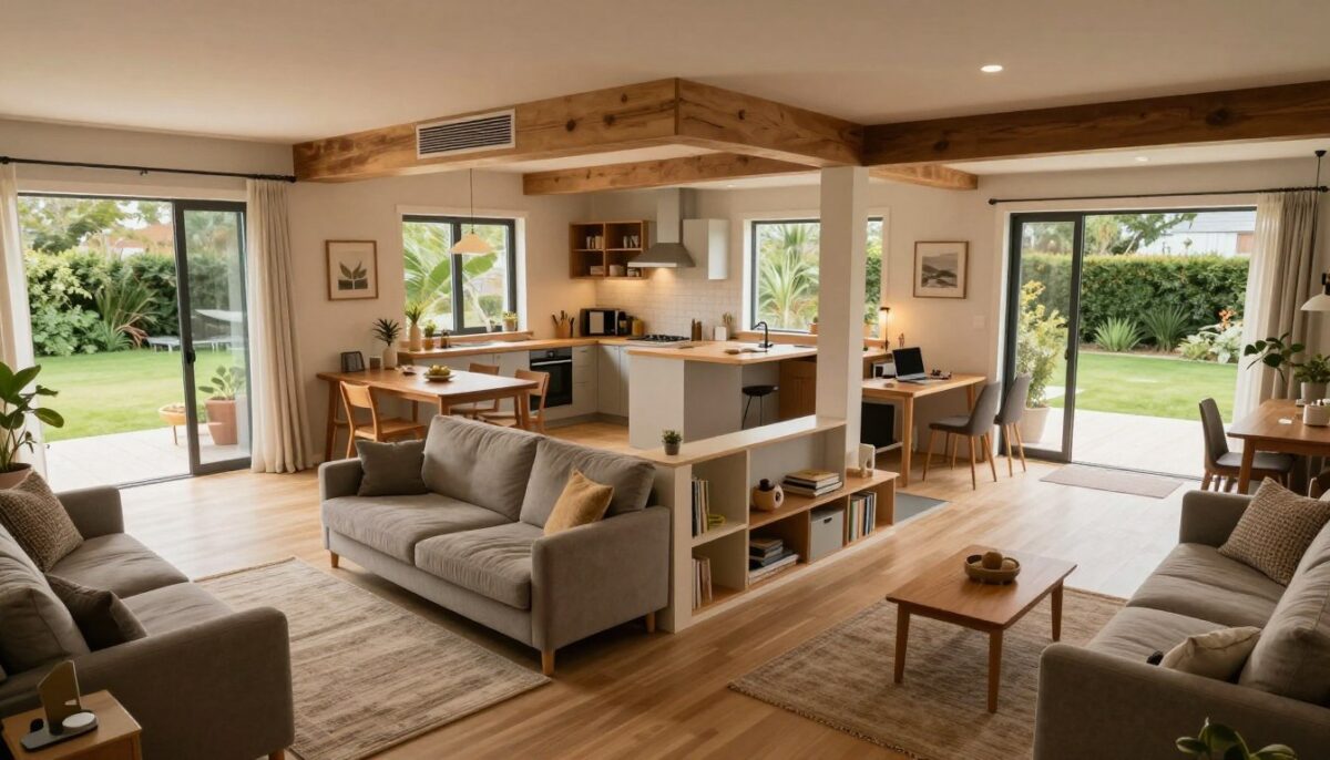 A beautifully designed flexible living space plan showcasing a modern multi-generational home interior. In the foreground, a spacious living area with movable furniture and modular walls, allowing for easy reconfiguration. The middle ground features a cozy kitchen and dining area with ample natural light from large windows. A subtle transition space is included, highlighting various adaptable rooms like an office, a playroom, and guest accommodation. The background reveals a serene outdoor patio merging the indoor and outdoor spaces. The lighting is warm and inviting, enhancing the sense of openness and comfort. The perspective is slightly elevated, giving a clear view of the layout, with a focus on family-friendly design elements. The overall mood is harmonious and welcoming, embodying a balance of functionality and intimacy.