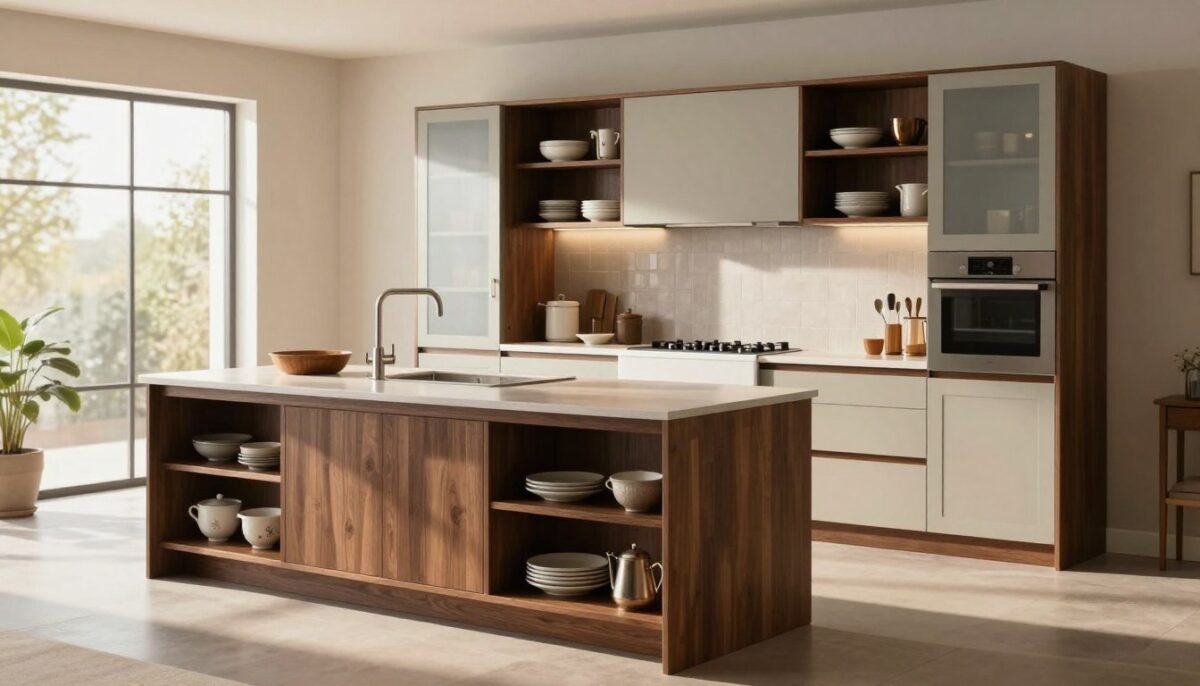 A beautifully designed kitchen featuring custom cabinet storage solutions in a contemporary style. The foreground showcases a sleek, multifunctional kitchen island with intricate cabinetry and pull-out shelves, adorned with decorative kitchenware. In the middle, elegant wall cabinets with a mix of frosted glass doors and open shelving display curated dishware, while a modern farmhouse sink complements the overall design. The background reveals a sunlit space with large windows, enhancing the bright, inviting atmosphere. Soft, warm lighting casts gentle shadows, highlighting the textures of the wood and metal finishes. The perspective is slightly elevated, capturing the harmonious layout and attention to detail in cabinetry craftsmanship, evoking a sense of modern sophistication and functionality.