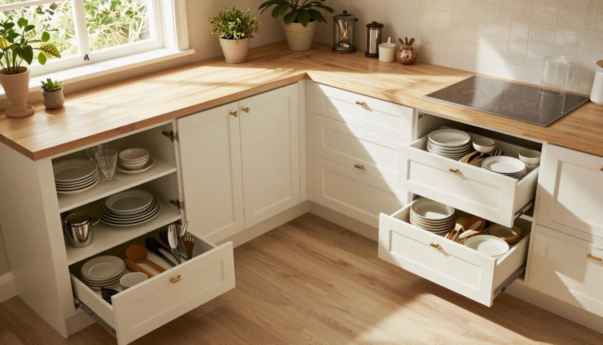 A beautifully designed kitchen featuring elegant custom storage cabinets, efficiently utilizing every corner. In the foreground, showcase open shelving with neatly arranged dishes and glassware, complemented by pull-out drawers filled with kitchen tools and utensils. The middle section highlights tall, sleek cabinets with subtle handles, finished in a soft white or light wood, reflecting a modern aesthetic. In the background, a cozy corner filled with greenery and natural light streaming through a window, enhancing the inviting atmosphere. The lighting is warm and soft, casting gentle shadows that accentuate the textures. The scene is captured from a slightly angled bird's-eye view, providing a comprehensive glimpse of the kitchen layout, exuding a sense of spaciousness and harmony. A beautifully designed kitchen featuring elegant custom storage cabinets, efficiently utilizing every corner. In the foreground, showcase open shelving with neatly arranged dishes and glassware, complemented by pull-out drawers filled with kitchen tools and utensils. The middle section highlights tall, sleek cabinets with subtle handles, finished in a soft white or light wood, reflecting a modern aesthetic. In the background, a cozy corner filled with greenery and natural light streaming through a window, enhancing the inviting atmosphere. The lighting is warm and soft, casting gentle shadows that accentuate the textures. The scene is captured from a slightly angled bird's-eye view, providing a comprehensive glimpse of the kitchen layout, exuding a sense of spaciousness and harmony.