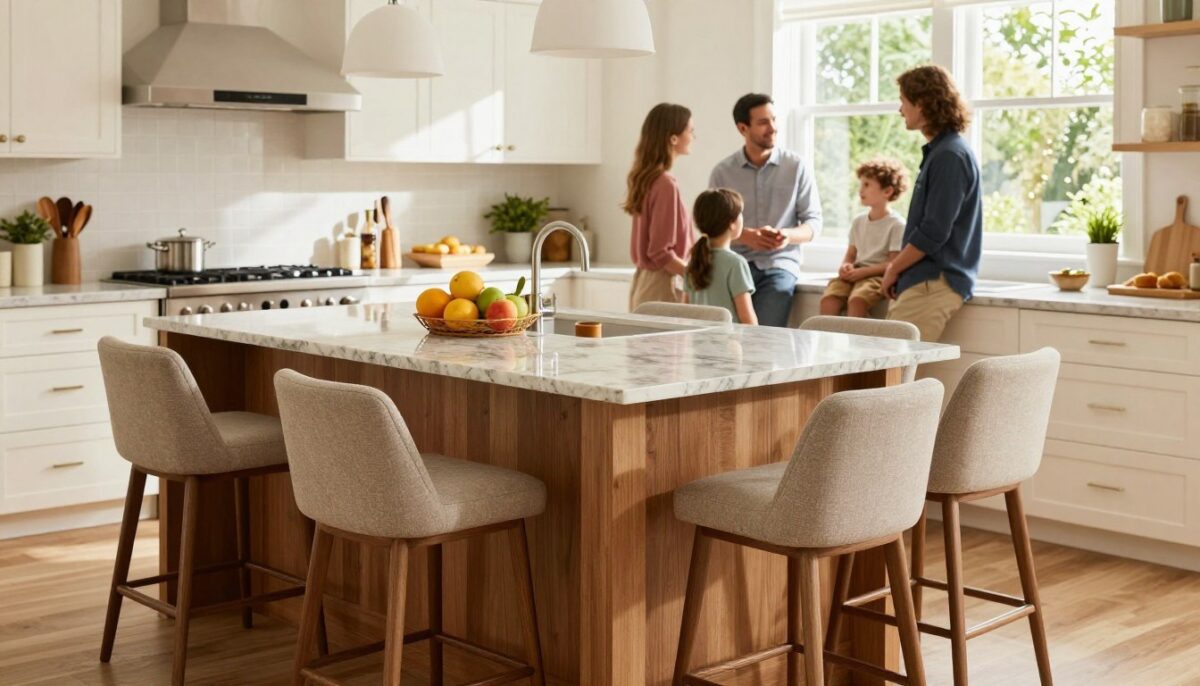 A beautifully designed kitchen island with comfortable seating, featuring four stylish bar stools with soft cushions in a warm, inviting color palette. In the foreground, focus on the well-crafted wooden island topped with a smooth quartz countertop, showcasing fresh fruits and modern kitchen utensils. The middle ground includes a bright, airy kitchen with white cabinets and stainless steel appliances, bathed in natural light streaming through large windows. The background reveals bright greenery outside, complementing the homey atmosphere. The scene is captured from a slightly elevated angle, emphasizing the inviting seating area, while soft diffused lighting creates a cozy ambiance. A family of four, dressed in smart casual attire, is engaged in conversation, enhancing the sense of gathering and warmth. A beautifully designed kitchen island with comfortable seating, featuring four stylish bar stools with soft cushions in a warm, inviting color palette. In the foreground, focus on the well-crafted wooden island topped with a smooth quartz countertop, showcasing fresh fruits and modern kitchen utensils. The middle ground includes a bright, airy kitchen with white cabinets and stainless steel appliances, bathed in natural light streaming through large windows. The background reveals bright greenery outside, complementing the homey atmosphere. The scene is captured from a slightly elevated angle, emphasizing the inviting seating area, while soft diffused lighting creates a cozy ambiance. A family of four, dressed in smart casual attire, is engaged in conversation, enhancing the sense of gathering and warmth.