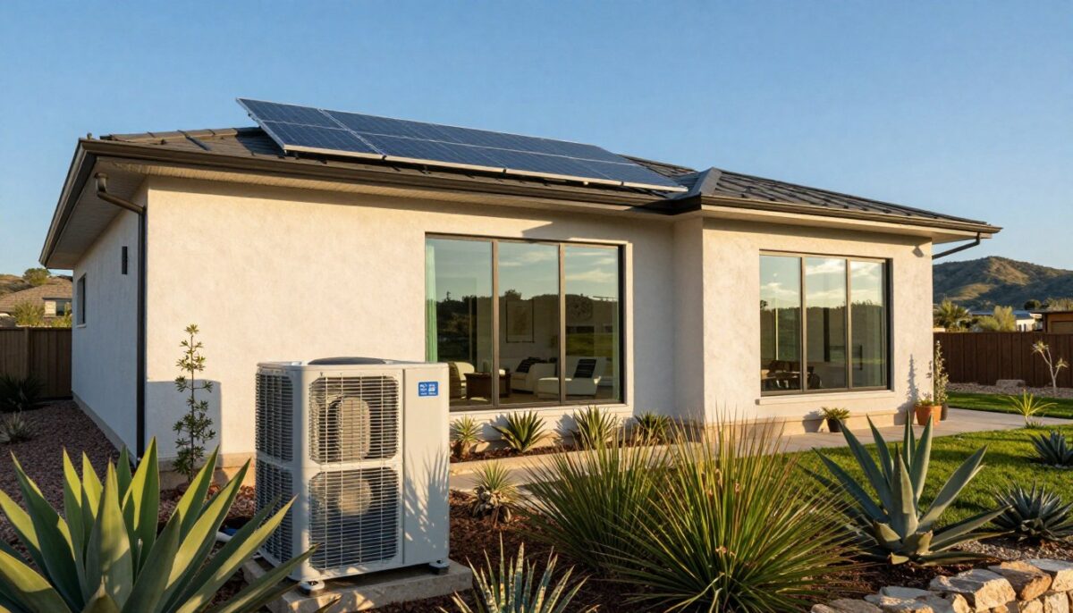 A beautifully designed luxury home, showcasing advanced energy efficiency systems, situated in a sun-soaked Texas landscape. In the foreground, there are sleek solar panels mounted on the roof, and a state-of-the-art energy-efficient HVAC unit visible beside lush, native Texas plants. The middle ground features large, triple-glazed windows reflecting the bright blue sky, allowing natural light to flood the open interior. In the background, rolling hills ensure scenic views while emphasizing the importance of energy-efficient design in natural settings. The lighting is warm and inviting, casting soft shadows, suggesting a calm, serene afternoon. The mood is one of sophisticated modern living, underscoring a commitment to sustainability and luxury. A beautifully designed luxury home, showcasing advanced energy efficiency systems, situated in a sun-soaked Texas landscape. In the foreground, there are sleek solar panels mounted on the roof, and a state-of-the-art energy-efficient HVAC unit visible beside lush, native Texas plants. The middle ground features large, triple-glazed windows reflecting the bright blue sky, allowing natural light to flood the open interior. In the background, rolling hills ensure scenic views while emphasizing the importance of energy-efficient design in natural settings. The lighting is warm and inviting, casting soft shadows, suggesting a calm, serene afternoon. The mood is one of sophisticated modern living, underscoring a commitment to sustainability and luxury.