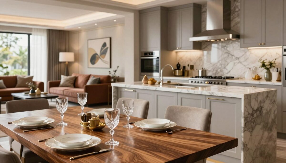 A beautifully designed luxury kitchen and living area showcasing high-quality craftsmanship and premium materials. In the foreground, a polished wooden dining table with elegant, detailed grain is set with fine china and crystal glasses. The middle ground features an open kitchen with gorgeous marble countertops, sleek stainless-steel appliances, and custom cabinetry with intricate carvings. The background presents a stylish living area adorned with plush furniture, rich fabrics, and artistic decor, illuminated by warm, natural light streaming in through large windows. The atmosphere is inviting, exuding a sense of sophistication and attention to detail. Use a soft focus lens effect to enhance the feeling of warmth and elegance, while maintaining clarity in textures and surfaces. The overall mood should inspire awe and reflect the pinnacle of luxury home remodeling. A beautifully designed luxury kitchen and living area showcasing high-quality craftsmanship and premium materials. In the foreground, a polished wooden dining table with elegant, detailed grain is set with fine china and crystal glasses. The middle ground features an open kitchen with gorgeous marble countertops, sleek stainless-steel appliances, and custom cabinetry with intricate carvings. The background presents a stylish living area adorned with plush furniture, rich fabrics, and artistic decor, illuminated by warm, natural light streaming in through large windows. The atmosphere is inviting, exuding a sense of sophistication and attention to detail. Use a soft focus lens effect to enhance the feeling of warmth and elegance, while maintaining clarity in textures and surfaces. The overall mood should inspire awe and reflect the pinnacle of luxury home remodeling.