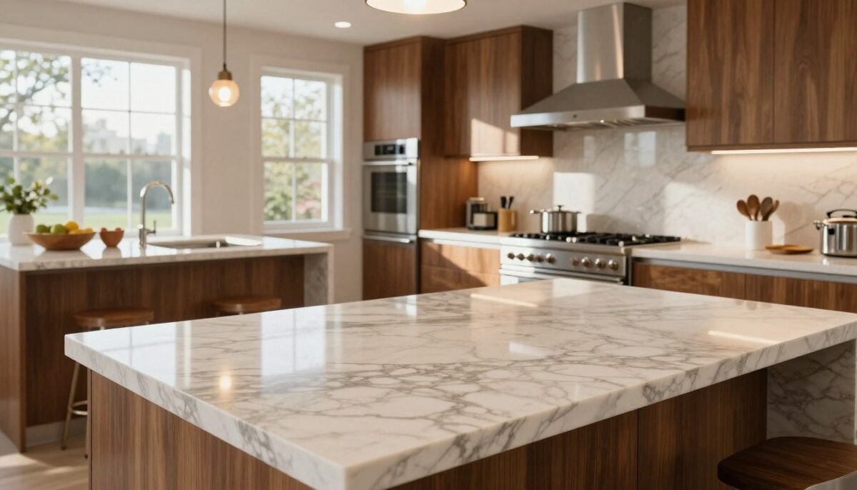 A beautifully designed luxury kitchen featuring elegant countertops that seamlessly blend beauty and performance. In the foreground, showcase a quartz countertop with a stunning marble pattern, reflecting soft natural light. The middle layer includes high-end kitchen appliances made of polished stainless steel, paired with modern cabinet designs in warm wood tones. In the background, large windows allow for ample sunlight to flood the space, highlighting the open layout and inviting atmosphere. The room is accentuated by contemporary pendant lighting casting a warm glow, creating an ambiance of sophistication. The overall mood is luxurious yet welcoming, perfect for culinary enthusiasts. Capture the scene from a slight overhead angle to emphasize the countertop and its surroundings.