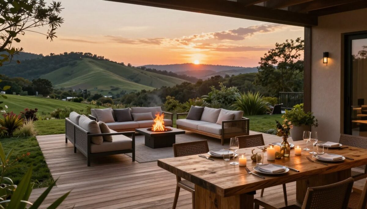 A beautifully designed outdoor living space on scenic hill country land, featuring a spacious wooden deck with modern, comfortable furniture, and lush greenery surrounding the area. In the foreground, a rustic dining table is set for an evening meal, adorned with elegant dinnerware and soft, flickering candles. The middle layer showcases a cozy seating area with plush cushions and a fire pit, perfect for gatherings. In the background, rolling hills and a vibrant sunset sky create a stunning atmosphere, with warm, golden light casting gentle shadows. The scene is inviting and tranquil, evoking a sense of relaxation and connection to nature. The image should be captured with a warm perspective using a wide-angle lens to emphasize the expansive outdoor area, displaying the seamless flow between the interior and exterior spaces.