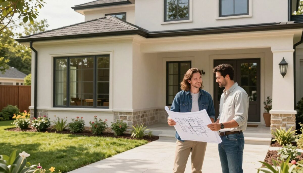 A beautifully integrated home addition showcasing seamless design elements. In the foreground, a friendly builder in professional attire stands next to blueprints, discussing the project with a couple, both dressed casually yet tastefully. In the middle, the newly constructed extension features large windows with elegant frames, blending harmoniously with the existing home’s facade, showcasing a modern yet timeless aesthetic. The background reveals a lush green yard with flowering plants, creating an inviting atmosphere. Natural sunlight pours in from the left, casting soft shadows and highlighting the textures of the materials used, emphasizing the harmonious blend of the new and old sections. The overall mood is warm, welcoming, and innovative, reflecting the spirit of customization and quality craftsmanship in home additions. A beautifully integrated home addition showcasing seamless design elements. In the foreground, a friendly builder in professional attire stands next to blueprints, discussing the project with a couple, both dressed casually yet tastefully. In the middle, the newly constructed extension features large windows with elegant frames, blending harmoniously with the existing home’s facade, showcasing a modern yet timeless aesthetic. The background reveals a lush green yard with flowering plants, creating an inviting atmosphere. Natural sunlight pours in from the left, casting soft shadows and highlighting the textures of the materials used, emphasizing the harmonious blend of the new and old sections. The overall mood is warm, welcoming, and innovative, reflecting the spirit of customization and quality craftsmanship in home additions.