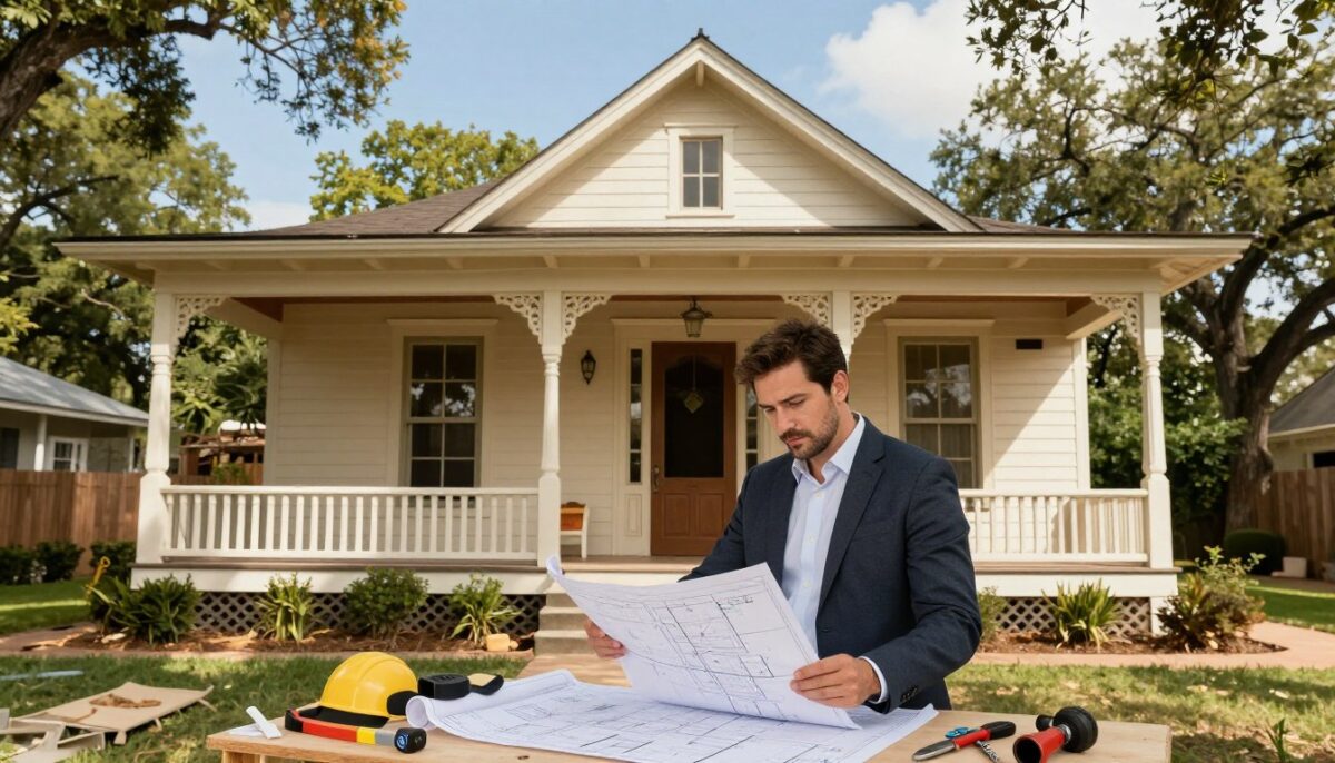 A beautifully restored historic home in San Antonio, showcasing the perfect blend of restoration, reconstruction, and remodeling techniques. In the foreground, a professional architect examines detailed blueprints while wearing smart business attire, surrounded by tools and materials indicative of renovation work. The middle ground features the house itself, with freshly painted wooden siding, intricately detailed window frames, and a charming front porch, illustrating its historical character. In the background, lush greenery and a bright blue sky create a vibrant atmosphere, hinting at a sunny Texas day. The lighting is warm and inviting, emphasizing the textures of the materials used. Capture this scene from a slightly elevated angle to showcase the harmony between modern enhancements and traditional elements, conveying a sense of dedication and respect for the building’s history.