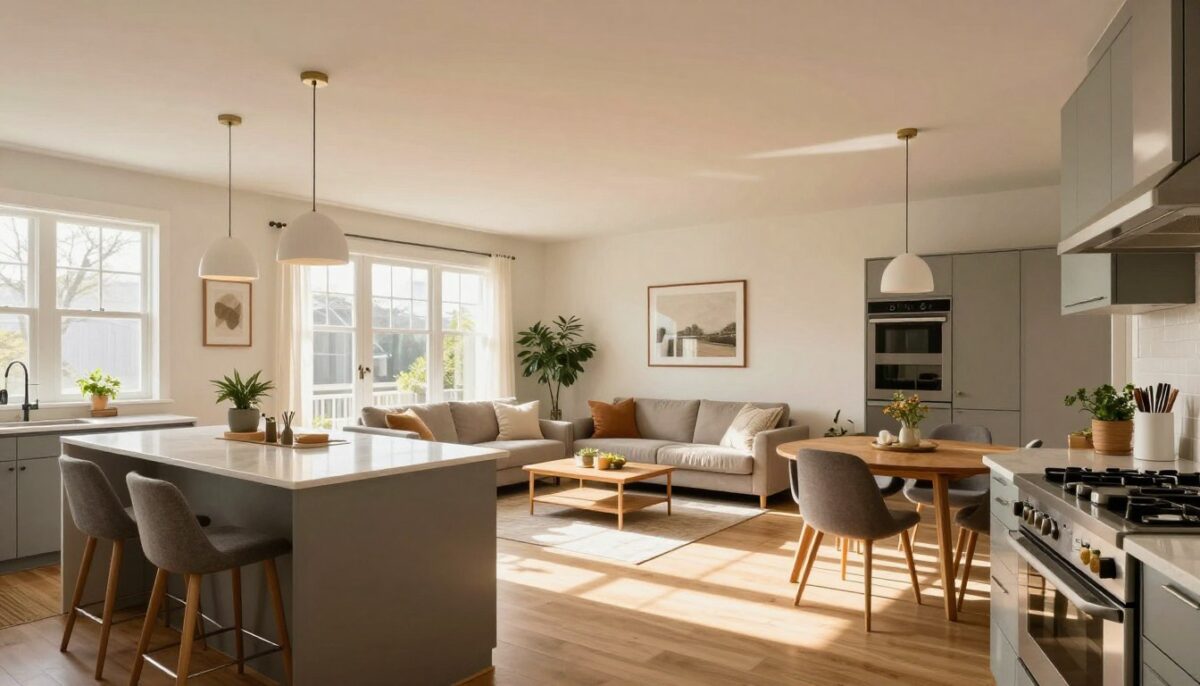 A bright, airy open-concept living space, showcasing functional design connections between various areas. In the foreground, a stylish kitchen with modern appliances and a large island with bar stools, illuminated by warm natural light from large windows. In the middle, a seamless transition to a cozy living area featuring a plush sofa, minimalist coffee table, and elegant decor, promoting interaction. A dining area with a wooden table and contemporary chairs sits nearby, fostering a communal atmosphere. The background reveals subtle elements like indoor plants and framed artwork that enhance the space's warmth. The overall mood is inviting and harmonious, emphasizing connectivity and flow within the home, captured from a low angle to highlight the expansive ceiling and openness. A bright, airy open-concept living space, showcasing functional design connections between various areas. In the foreground, a stylish kitchen with modern appliances and a large island with bar stools, illuminated by warm natural light from large windows. In the middle, a seamless transition to a cozy living area featuring a plush sofa, minimalist coffee table, and elegant decor, promoting interaction. A dining area with a wooden table and contemporary chairs sits nearby, fostering a communal atmosphere. The background reveals subtle elements like indoor plants and framed artwork that enhance the space's warmth. The overall mood is inviting and harmonious, emphasizing connectivity and flow within the home, captured from a low angle to highlight the expansive ceiling and openness.