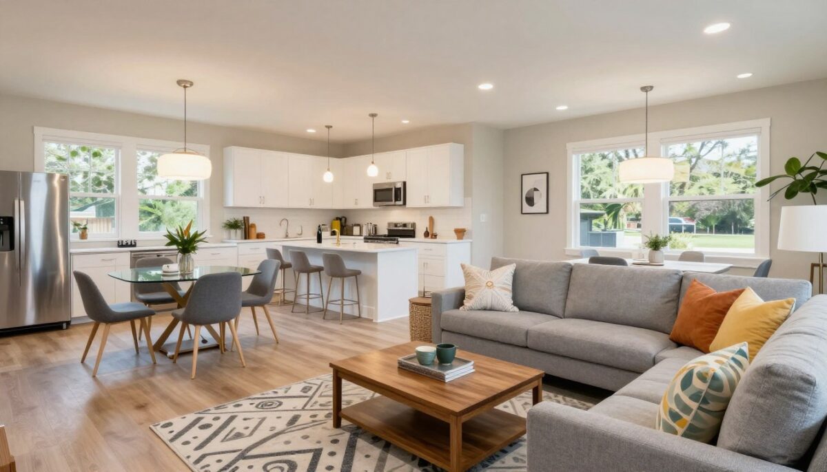 A bright and airy open concept living space showcasing a modern remodel. In the foreground, a spacious living area features a sleek gray sofa adorned with colorful cushions, a wooden coffee table, and a stylish area rug. In the middle ground, an open dining area with a glass-top table surrounded by contemporary chairs creates a seamless flow into the kitchen, which boasts white cabinetry, a large island with bar stools, and stainless steel appliances. The background highlights large windows allowing natural light to flood the space, enhancing the warm atmosphere. Soft pendant lighting hangs from the ceiling, casting a gentle glow. The room feels inviting and functional, designed for both relaxation and social gatherings, embodying the essence of modern living in San Antonio. A bright and airy open concept living space showcasing a modern remodel. In the foreground, a spacious living area features a sleek gray sofa adorned with colorful cushions, a wooden coffee table, and a stylish area rug. In the middle ground, an open dining area with a glass-top table surrounded by contemporary chairs creates a seamless flow into the kitchen, which boasts white cabinetry, a large island with bar stools, and stainless steel appliances. The background highlights large windows allowing natural light to flood the space, enhancing the warm atmosphere. Soft pendant lighting hangs from the ceiling, casting a gentle glow. The room feels inviting and functional, designed for both relaxation and social gatherings, embodying the essence of modern living in San Antonio.