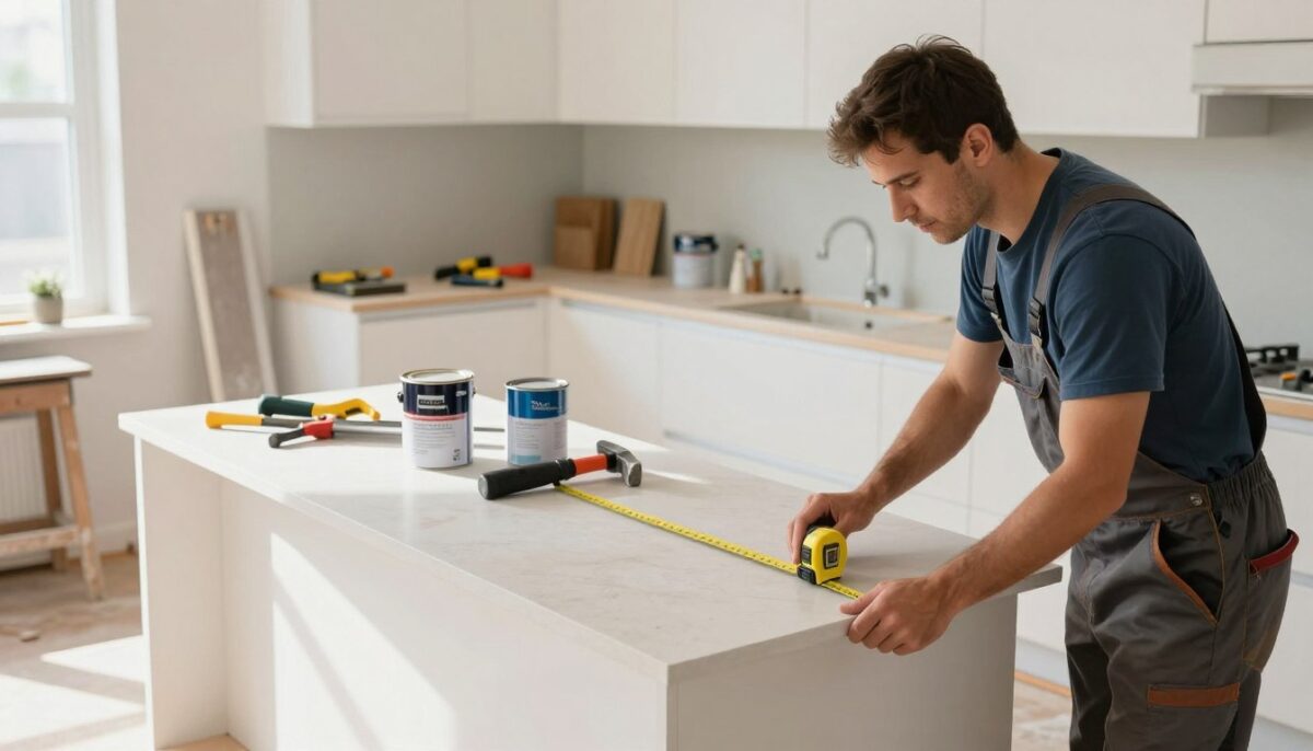 A bright and well-organized kitchen remodeling scene, showcasing a step-by-step process. In the foreground, a skilled contractor in professional attire is using a tape measure to check dimensions on an island counter. In the middle ground, various tools like a saw, hammer, and paint cans are arranged neatly on a workbench, reflecting a busy but organized workspace. The background features partially completed cabinetry, freshly painted walls, and flooring materials, illustrating the transformational journey. Natural light streams in through a window, casting soft shadows that create an inviting atmosphere. The perspective is captured from a slightly elevated angle, emphasizing the layout and details of the remodeling process. A bright and well-organized kitchen remodeling scene, showcasing a step-by-step process. In the foreground, a skilled contractor in professional attire is using a tape measure to check dimensions on an island counter. In the middle ground, various tools like a saw, hammer, and paint cans are arranged neatly on a workbench, reflecting a busy but organized workspace. The background features partially completed cabinetry, freshly painted walls, and flooring materials, illustrating the transformational journey. Natural light streams in through a window, casting soft shadows that create an inviting atmosphere. The perspective is captured from a slightly elevated angle, emphasizing the layout and details of the remodeling process.