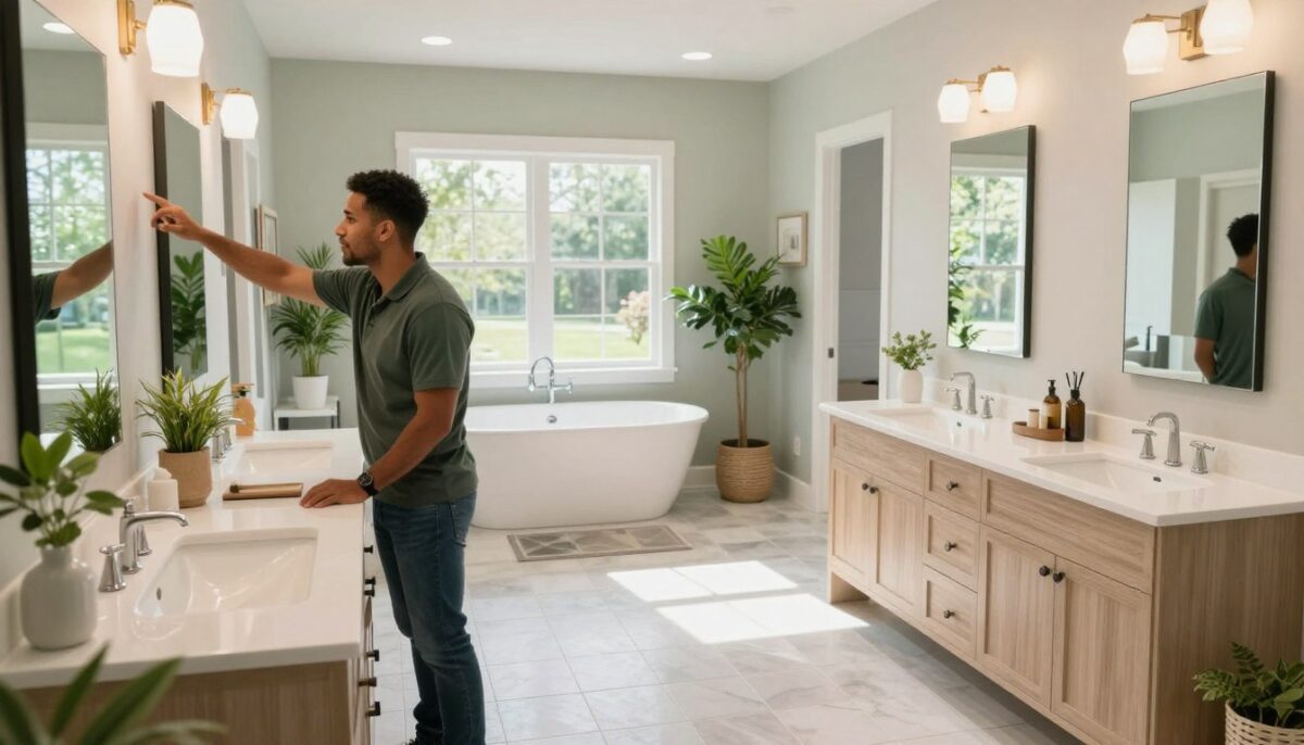 A bright, modern bathroom remodeling service area, showcasing an inviting and stylish design concept. In the foreground, a professional contractor in smart casual attire gestures towards a beautifully renovated vanity area with a sleek dual sink, sparkling fixtures, and elegant mirrors. The middle of the scene features a spacious area with sample tiles, luxurious bathtubs, and lush greenery for a spa-like feel. In the background, large windows allow natural light to flood the room, highlighting the soft color palette of whites, greens, and light woods. The atmosphere is serene and inspirational, suggesting a peaceful retreat within a San Antonio home. Soft, ambient lighting enhances the calming mood, while an angled perspective creates depth and interest in the layout. A bright, modern bathroom remodeling service area, showcasing an inviting and stylish design concept. In the foreground, a professional contractor in smart casual attire gestures towards a beautifully renovated vanity area with a sleek dual sink, sparkling fixtures, and elegant mirrors. The middle of the scene features a spacious area with sample tiles, luxurious bathtubs, and lush greenery for a spa-like feel. In the background, large windows allow natural light to flood the room, highlighting the soft color palette of whites, greens, and light woods. The atmosphere is serene and inspirational, suggesting a peaceful retreat within a San Antonio home. Soft, ambient lighting enhances the calming mood, while an angled perspective creates depth and interest in the layout.