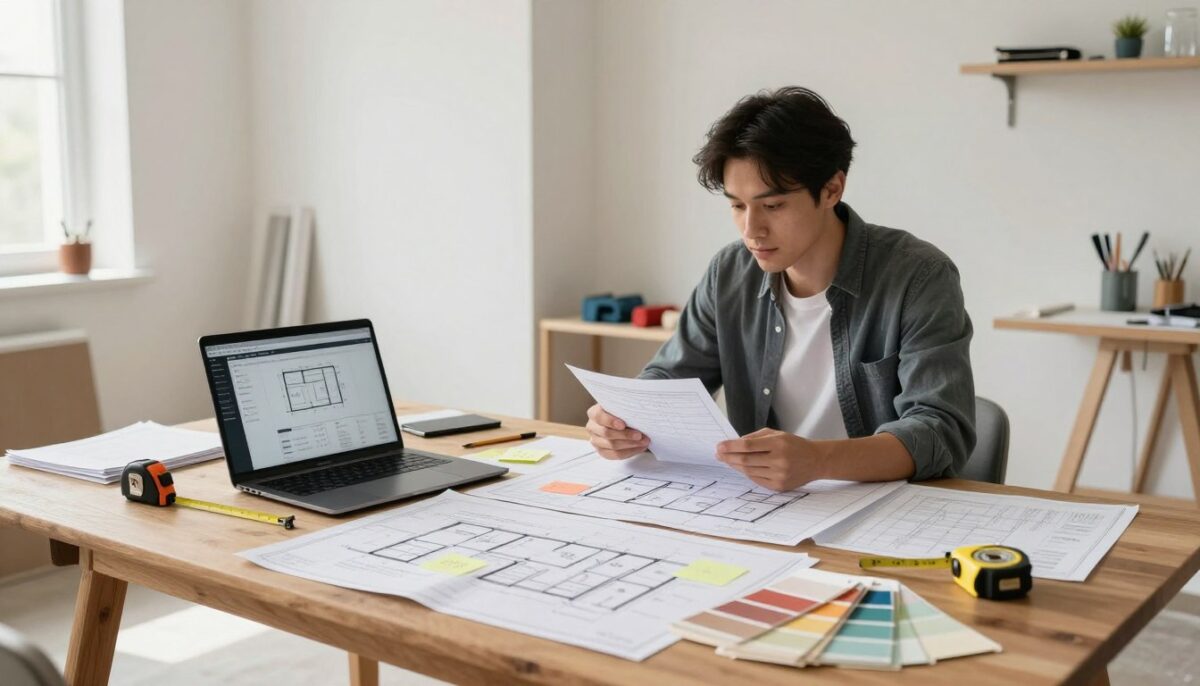 A bright, modern home renovation planning workspace. In the foreground, a large wooden table is cluttered with renovation schedules, a laptop displaying a project management tool, sample paint swatches, and a tape measure. Midground features open blueprints of a home, with sticky notes indicating progress phases. A professional planner, dressed in smart-casual attire, is reviewing documents with a focused expression. The background showcases a partially renovated room, with fresh paint on the walls and tools organized neatly on the shelves. Soft, natural lighting filters in through a nearby window, creating a productive and inviting atmosphere. Capture the sense of organized chaos and determination in this planning environment. A bright, modern home renovation planning workspace. In the foreground, a large wooden table is cluttered with renovation schedules, a laptop displaying a project management tool, sample paint swatches, and a tape measure. Midground features open blueprints of a home, with sticky notes indicating progress phases. A professional planner, dressed in smart-casual attire, is reviewing documents with a focused expression. The background showcases a partially renovated room, with fresh paint on the walls and tools organized neatly on the shelves. Soft, natural lighting filters in through a nearby window, creating a productive and inviting atmosphere. Capture the sense of organized chaos and determination in this planning environment.