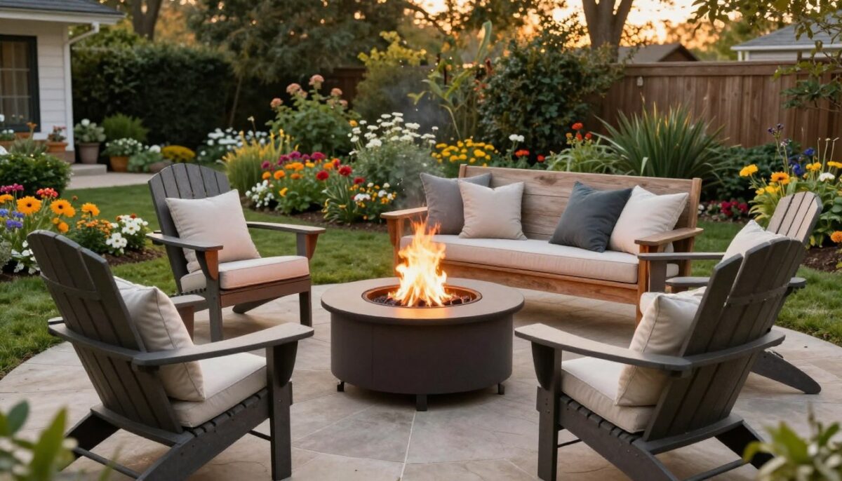 A cozy outdoor fire pit setup in a beautifully landscaped backyard, featuring a modern circular fire pit surrounded by comfortable seating options. In the foreground, stylish Adirondack chairs are arranged invitingly around the fire pit, adorned with soft, neutral cushions. The middle ground features a rustic wooden bench with throw pillows, enhancing the inviting atmosphere. In the background, a lush garden filled with vibrant flowers and greenery encapsulates the scene. The lighting is warm and golden, simulating a sunset ambiance, casting a soft glow on the seating area, inviting relaxation. The viewpoint is slightly elevated, capturing the entire arrangement in a serene and tranquil mood suitable for social gatherings. No people are present, allowing the focus to remain solely on the seating ideas. A cozy outdoor fire pit setup in a beautifully landscaped backyard, featuring a modern circular fire pit surrounded by comfortable seating options. In the foreground, stylish Adirondack chairs are arranged invitingly around the fire pit, adorned with soft, neutral cushions. The middle ground features a rustic wooden bench with throw pillows, enhancing the inviting atmosphere. In the background, a lush garden filled with vibrant flowers and greenery encapsulates the scene. The lighting is warm and golden, simulating a sunset ambiance, casting a soft glow on the seating area, inviting relaxation. The viewpoint is slightly elevated, capturing the entire arrangement in a serene and tranquil mood suitable for social gatherings. No people are present, allowing the focus to remain solely on the seating ideas.