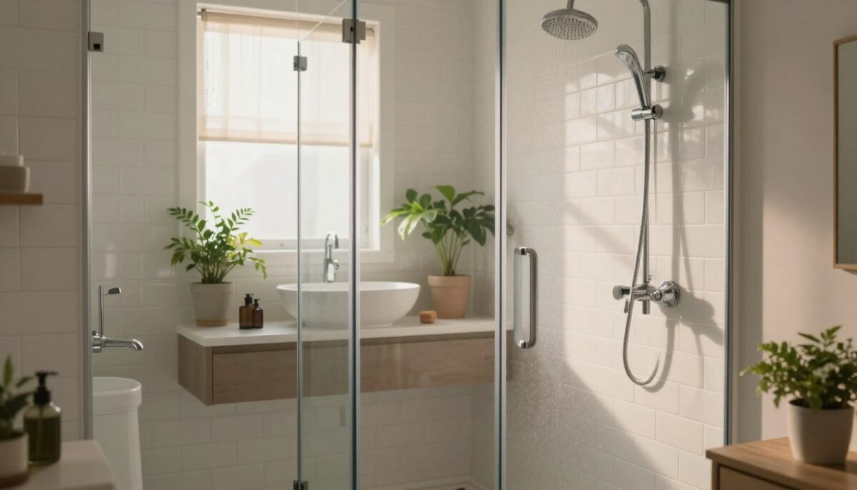 A cozy small bathroom corner featuring a modern walk-in shower with sleek glass panels, white subway tiles, and a minimalist design. The foreground focuses on elegant fixtures, including a rain showerhead and chrome accents. The midsection showcases a floating vanity with a vessel sink, surrounded by soft green plants for a touch of nature. The background reveals a small window with sheer curtains allowing warm, natural light to filter in, creating a bright atmosphere. The overall mood is tranquil and inviting, perfect for relaxation. The camera angle is slightly elevated to capture the entire layout harmoniously without any people present, ensuring a clean and professional look.