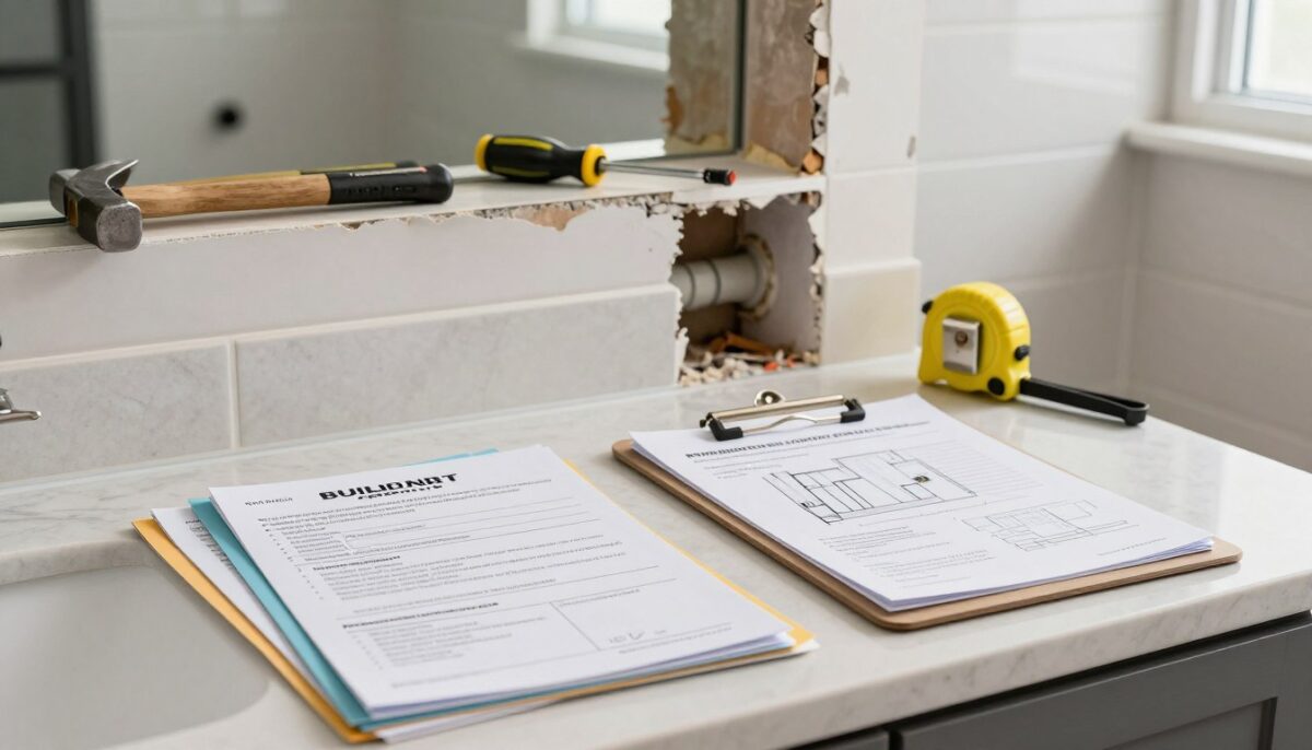 A detailed San Antonio bathroom scene showcasing various permits laid out on a sleek countertop, surrounded by tools for hidden repairs. In the foreground, a well-organized stack of colorful building permits rests on a stylish countertop, next to a clipboard with notes and sketches of bathroom renovations. The middle layer features construction tools such as a hammer, screwdriver, and tape measure, with exposed plumbing pipes partially visible behind a partially dismantled wall. In the background, soft natural light filters through a window, illuminating the space and highlighting the textures of drywall and tile. The atmosphere conveys a sense of ongoing renovation and meticulous planning, with a focus on the importance of proper permits and unforeseen repairs during a remodel.
