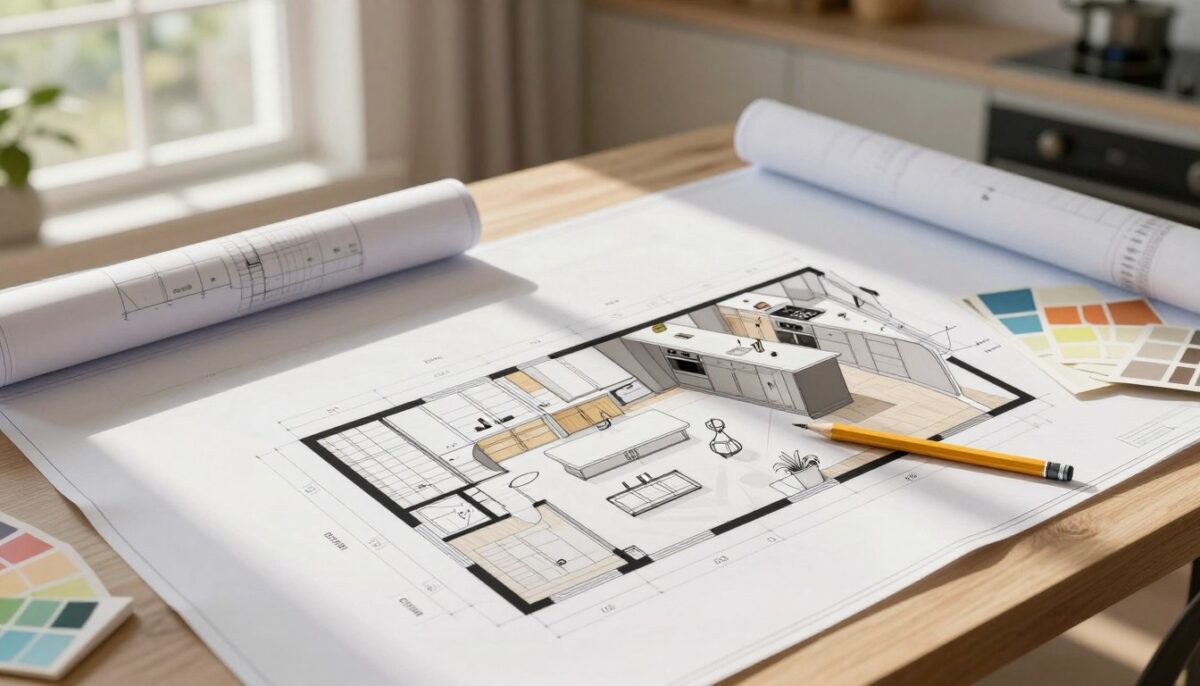 A detailed kitchen remodeling layout plan displayed on a large drafting table. The foreground features a rolled-up architectural plan and a set of design tools including a pencil, ruler, and color swatches. In the middle ground, a partially rendered kitchen design showcases an open-concept layout with a central island, modern appliances, and cabinetry labeled for easy reference. The background includes a sunny, light-filled room with soft shadows cast by large windows, hinting at a cozy, welcoming atmosphere. The lighting is bright and natural, evoking a sense of inspiration and creativity. The angle is slightly elevated to capture both the layout and the atmosphere of the space, inviting viewers to visualize the potential of kitchen remodeling. A detailed kitchen remodeling layout plan displayed on a large drafting table. The foreground features a rolled-up architectural plan and a set of design tools including a pencil, ruler, and color swatches. In the middle ground, a partially rendered kitchen design showcases an open-concept layout with a central island, modern appliances, and cabinetry labeled for easy reference. The background includes a sunny, light-filled room with soft shadows cast by large windows, hinting at a cozy, welcoming atmosphere. The lighting is bright and natural, evoking a sense of inspiration and creativity. The angle is slightly elevated to capture both the layout and the atmosphere of the space, inviting viewers to visualize the potential of kitchen remodeling.