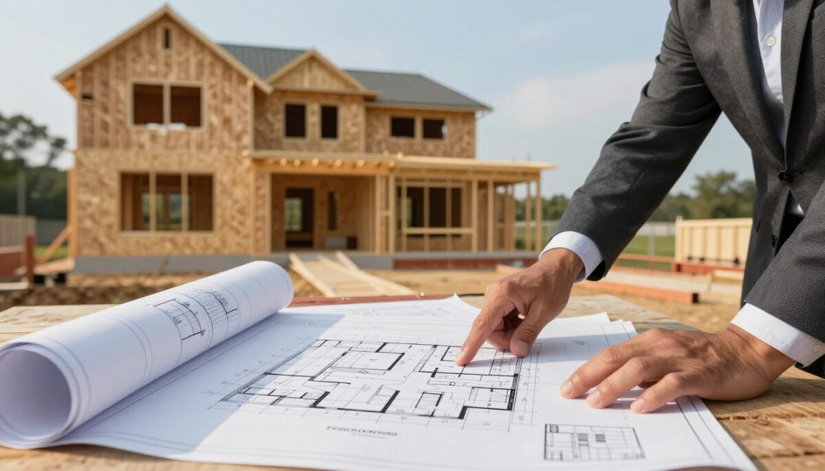 A detailed scene of a custom home building process in Fredericksburg, showcasing an architectural blueprint in the foreground with measurements and design elements. In the middle ground, two professionals in business attire are discussing the plans, pointing at specific features while a construction site with a partially built house can be seen in the background. The setting is bathed in warm, natural light, creating an optimistic atmosphere. Soft shadows emphasize the textures of the construction materials such as wood and bricks. A clear blue sky peeks over the site, enhancing the feeling of ambition and growth. Capture this moment through a wide-angle lens to provide a comprehensive view of both the planning and construction phases of custom home building. A detailed scene of a custom home building process in Fredericksburg, showcasing an architectural blueprint in the foreground with measurements and design elements. In the middle ground, two professionals in business attire are discussing the plans, pointing at specific features while a construction site with a partially built house can be seen in the background. The setting is bathed in warm, natural light, creating an optimistic atmosphere. Soft shadows emphasize the textures of the construction materials such as wood and bricks. A clear blue sky peeks over the site, enhancing the feeling of ambition and growth. Capture this moment through a wide-angle lens to provide a comprehensive view of both the planning and construction phases of custom home building.