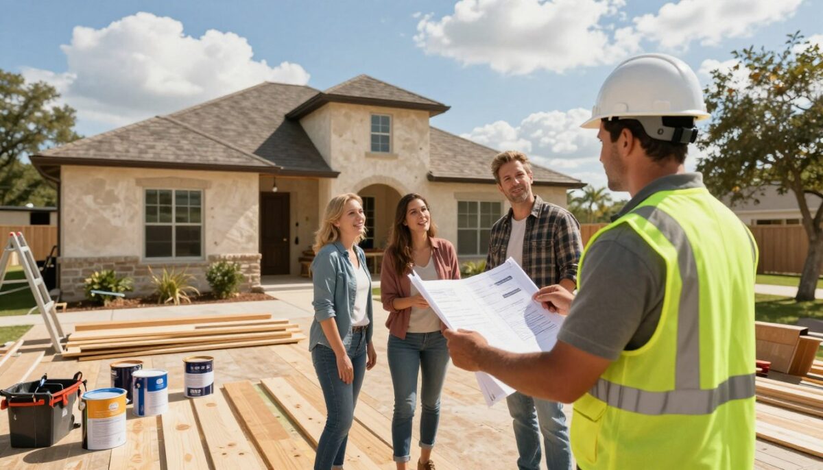 A detailed view of a home remodeling process in Boerne, showcasing a vibrant and active construction scene. In the foreground, a professional contractor, dressed in a hard hat and safety vest, is discussing plans with two homeowners looking excited and engaged. The middle ground features various tools and materials, including paint cans, wood planks, and drywall, arranged neatly around a partially renovated living space. In the background, the exterior of a charming Boerne house, with its unique Texas architecture, is visible under a bright blue sky with fluffy white clouds. The lighting is warm and natural, suggesting a sunny day, while the angle captures the hustle and bustle of renovation work, conveying a sense of anticipation and transformation. A detailed view of a home remodeling process in Boerne, showcasing a vibrant and active construction scene. In the foreground, a professional contractor, dressed in a hard hat and safety vest, is discussing plans with two homeowners looking excited and engaged. The middle ground features various tools and materials, including paint cans, wood planks, and drywall, arranged neatly around a partially renovated living space. In the background, the exterior of a charming Boerne house, with its unique Texas architecture, is visible under a bright blue sky with fluffy white clouds. The lighting is warm and natural, suggesting a sunny day, while the angle captures the hustle and bustle of renovation work, conveying a sense of anticipation and transformation.