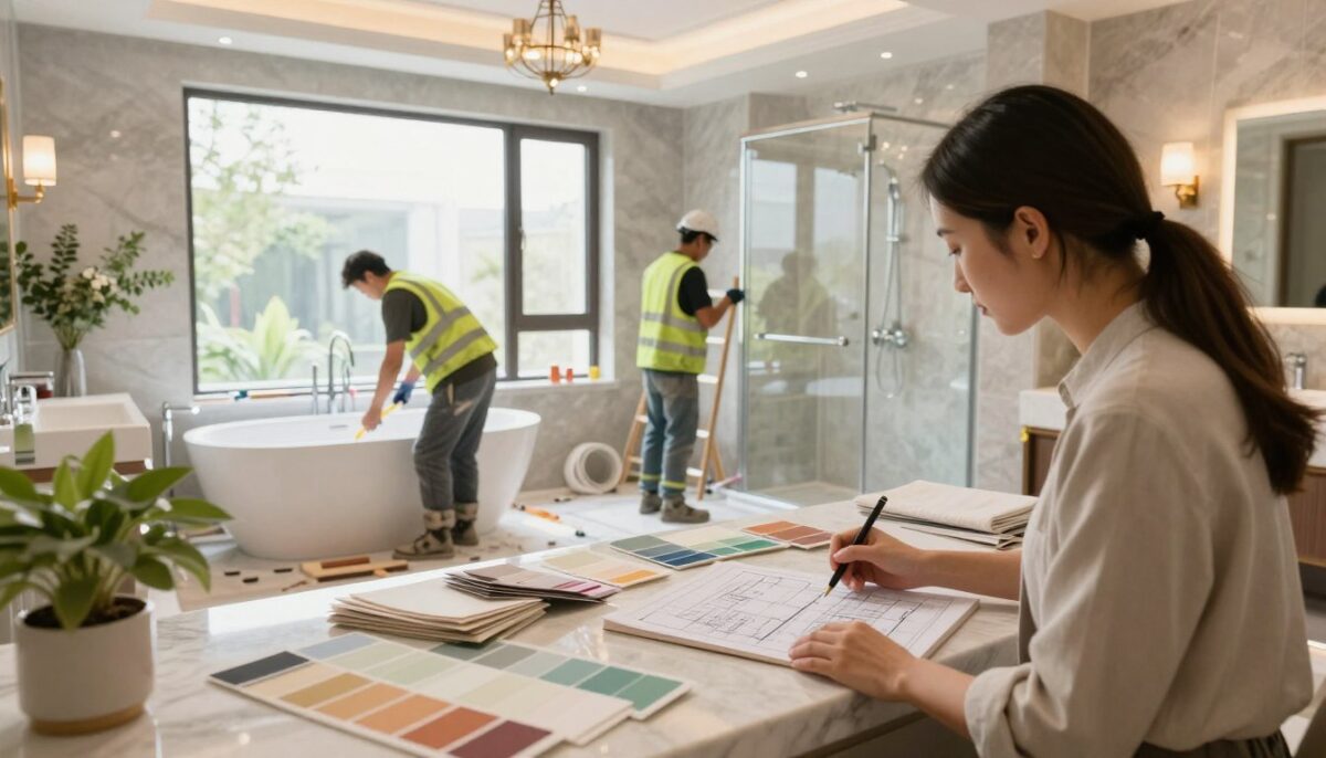 A full bathroom remodel process showcasing a serene transformation from concept to completion. In the foreground, a designer in professional attire is reviewing plans and samples, surrounded by paint swatches and design materials. In the middle ground, construction workers in safety gear are actively working on installing luxurious spa-like features, such as a freestanding bathtub and a walk-in shower with modern tiles. The background features a partially completed bathroom, with a beautiful large window letting in natural light, highlighting elegant fixtures and faux greenery for a calming atmosphere. The scene is bathed in warm, inviting tones, and the overall mood reflects a harmonious blend of functionality and aesthetic appeal, emphasizing tranquility and luxury in a residential setting. The image is shot from a low angle to accentuate the detailed craftsmanship and inviting space. A full bathroom remodel process showcasing a serene transformation from concept to completion. In the foreground, a designer in professional attire is reviewing plans and samples, surrounded by paint swatches and design materials. In the middle ground, construction workers in safety gear are actively working on installing luxurious spa-like features, such as a freestanding bathtub and a walk-in shower with modern tiles. The background features a partially completed bathroom, with a beautiful large window letting in natural light, highlighting elegant fixtures and faux greenery for a calming atmosphere. The scene is bathed in warm, inviting tones, and the overall mood reflects a harmonious blend of functionality and aesthetic appeal, emphasizing tranquility and luxury in a residential setting. The image is shot from a low angle to accentuate the detailed craftsmanship and inviting space.