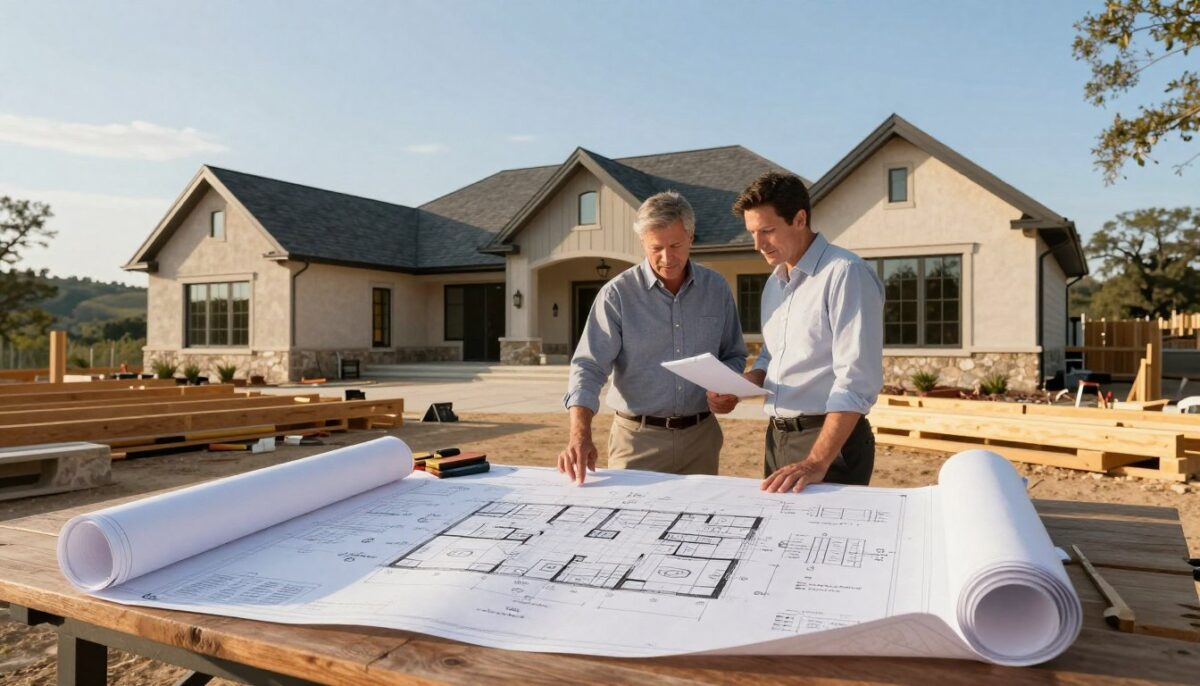 A luxurious custom home construction scene in the Texas Hill Country, featuring a skilled architect and contractor discussing blueprints at a stunning building site. In the foreground, detailed architectural plans are spread out on a wooden table, showcasing intricate designs. In the middle ground, the duo, dressed in smart business attire, stands amidst construction materials—wood beams, stone, and tools—surrounded by a partially completed upscale home. The background reveals rolling hills under a clear blue sky, with gentle sunlight casting warm tones, creating an inviting atmosphere. The composition is captured with a wide-angle perspective to emphasize the spaciousness and elegance of the site, reflecting a sense of quality construction and seamless communication.