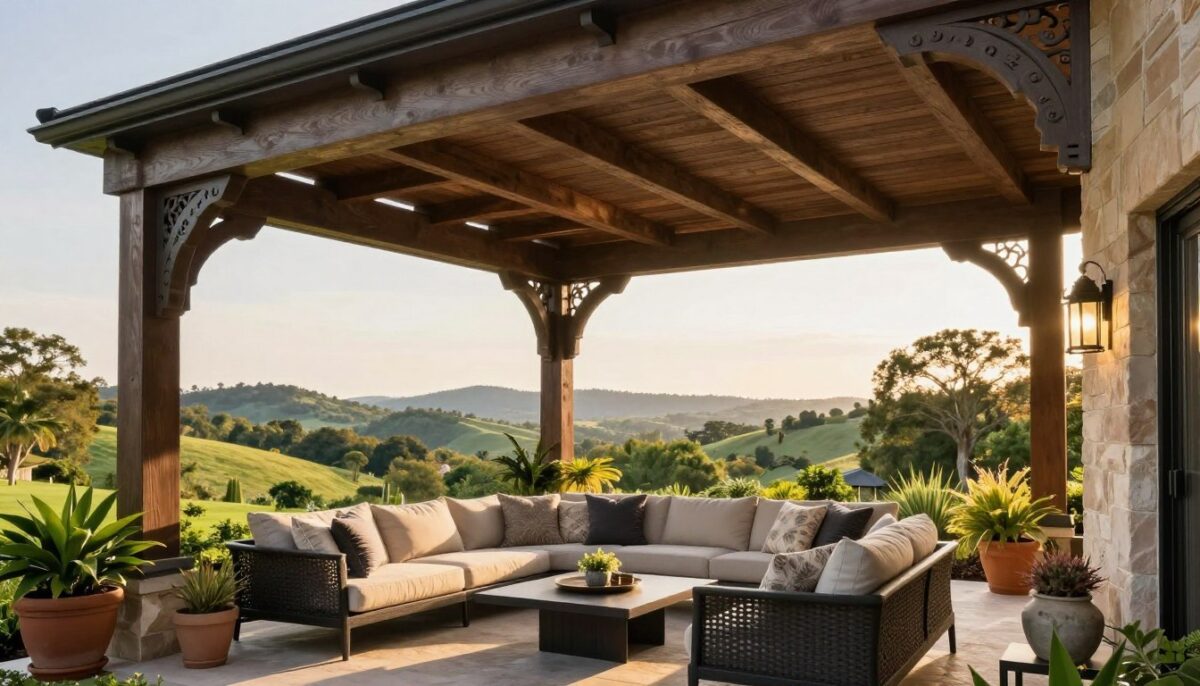 A luxurious custom patio cover showcasing elegant architectural features, with a modern design incorporating ornate wooden beams and sleek metal accents. In the foreground, a beautifully arranged outdoor seating area, complete with plush, weather-resistant cushions and a stylish coffee table, surrounded by lush potted plants. The middle ground features the patio cover extending overhead, providing shade while allowing dappled sunlight to filter through. In the background, a scenic view of the serene Hill Country landscape, with rolling hills and vibrant greenery. The lighting is warm and inviting, capturing the golden hour, and the perspective is from a slightly elevated angle, creating a cozy and upscale atmosphere. A luxurious custom patio cover showcasing elegant architectural features, with a modern design incorporating ornate wooden beams and sleek metal accents. In the foreground, a beautifully arranged outdoor seating area, complete with plush, weather-resistant cushions and a stylish coffee table, surrounded by lush potted plants. The middle ground features the patio cover extending overhead, providing shade while allowing dappled sunlight to filter through. In the background, a scenic view of the serene Hill Country landscape, with rolling hills and vibrant greenery. The lighting is warm and inviting, capturing the golden hour, and the perspective is from a slightly elevated angle, creating a cozy and upscale atmosphere.