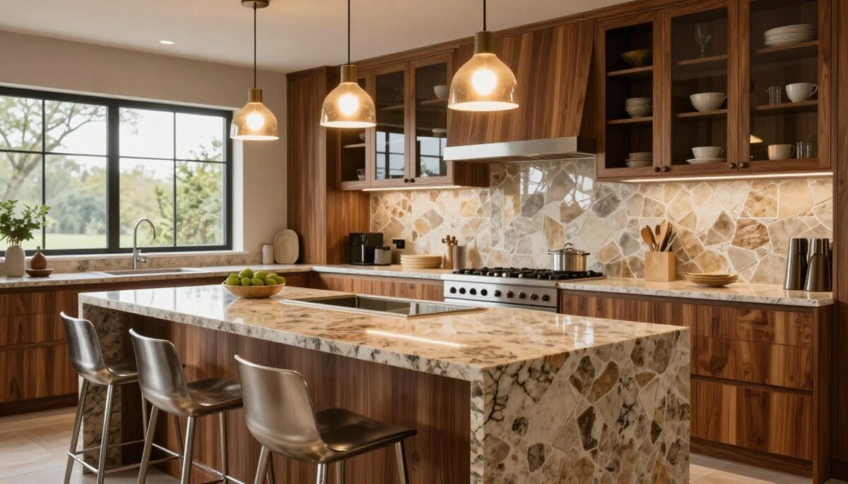 A luxurious kitchen showcasing a harmonious blend of wood, stone, metal, and glass materials. In the foreground, a sleek kitchen island crafted from polished granite features elegant bar stools made of brushed stainless steel and rich oak. The middle ground highlights custom cabinetry with glass-paneled doors, displaying tasteful dishware. Above, modern pendant lights cast a warm, inviting glow, creating a soft, ambient atmosphere. The background consists of a stunning backsplash of geometric stone tiles that reflect natural light, accented by large windows framing a serene outdoor view. The scene is captured from a slightly elevated angle, emphasizing depth, texture, and the contrast of materials. The overall mood is sophisticated yet warm, inviting viewers to envision themselves in this unique culinary space.