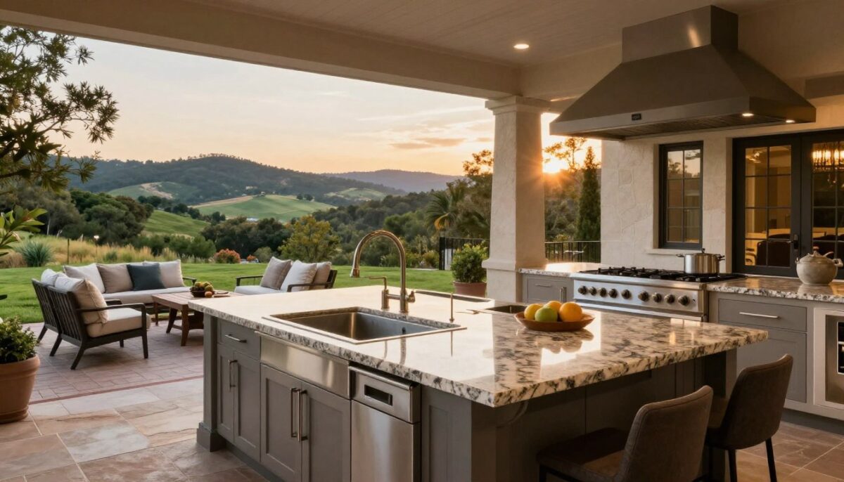 A luxurious outdoor kitchen and patio design set in a scenic Hill Country environment, showcasing elegant features for entertaining. In the foreground, a spacious kitchen island with polished granite countertops, surrounded by high-end stainless steel appliances and stylish bar stools. The middle ground features a beautifully furnished patio with a plush seating area, adorned with comfortable cushions and an outdoor dining table, perfect for gatherings. In the background, picturesque rolling hills and lush greenery set a serene backdrop under a warm sunset sky, creating a golden hour glow. The lighting is soft and inviting, emphasizing the upscale ambiance. Use a wide-angle perspective to capture the entirety of this outdoor oasis, ensuring a sophisticated and welcoming atmosphere for country living.