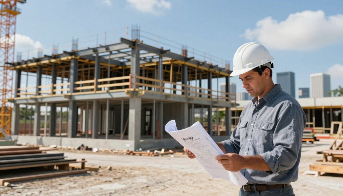 A modern San Antonio commercial construction site, showcasing craftsmanship and professionalism. In the foreground, a skilled contractor in a hard hat and business attire inspects blueprints, demonstrating attention to detail. The middle ground features a partially constructed building with high-quality materials like steel beams and concrete, emphasizing robust structural integrity. In the background, the San Antonio skyline is visible under a bright blue sky, symbolizing growth and development. The lighting is warm and natural, capturing the vibrancy of the construction activity. The mood is focused and industrious, reflecting the dedication of WH Builders as a leading commercial contractor in San Antonio. A modern San Antonio commercial construction site, showcasing craftsmanship and professionalism. In the foreground, a skilled contractor in a hard hat and business attire inspects blueprints, demonstrating attention to detail. The middle ground features a partially constructed building with high-quality materials like steel beams and concrete, emphasizing robust structural integrity. In the background, the San Antonio skyline is visible under a bright blue sky, symbolizing growth and development. The lighting is warm and natural, capturing the vibrancy of the construction activity. The mood is focused and industrious, reflecting the dedication of WH Builders as a leading commercial contractor in San Antonio.