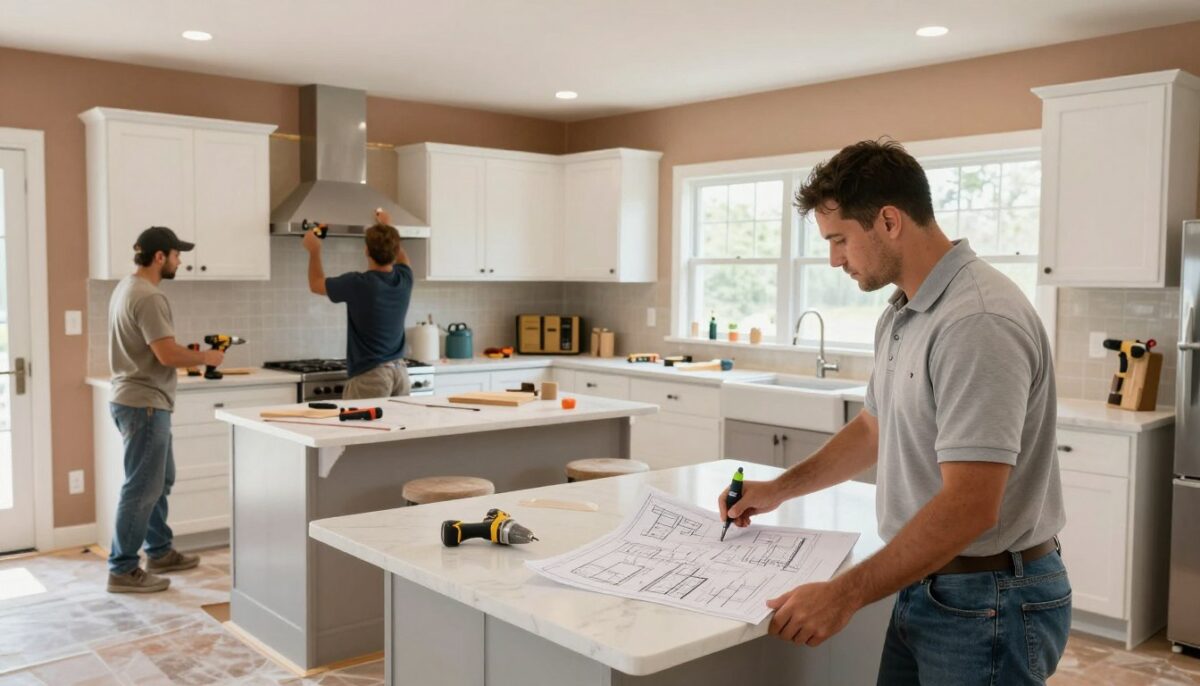 A modern San Antonio kitchen remodeling scene showcasing the process of renovation. In the foreground, a professional contractor in a neat polo shirt and jeans examines blueprints on a kitchen island. The middle layer features workers actively installing cabinetry and countertops, with tools like drills and saws visible. The background displays a partially finished kitchen with earthy-toned walls, bright under-cabinet lighting, and large windows allowing natural light to filter in. The atmosphere is industrious yet organized, emphasizing craftsmanship and attention to detail. The image captures the essence of transformation, with a blend of modern and traditional elements. Use a wide-angle lens to create depth and clarity, ensuring a bright and inviting mood throughout the space.