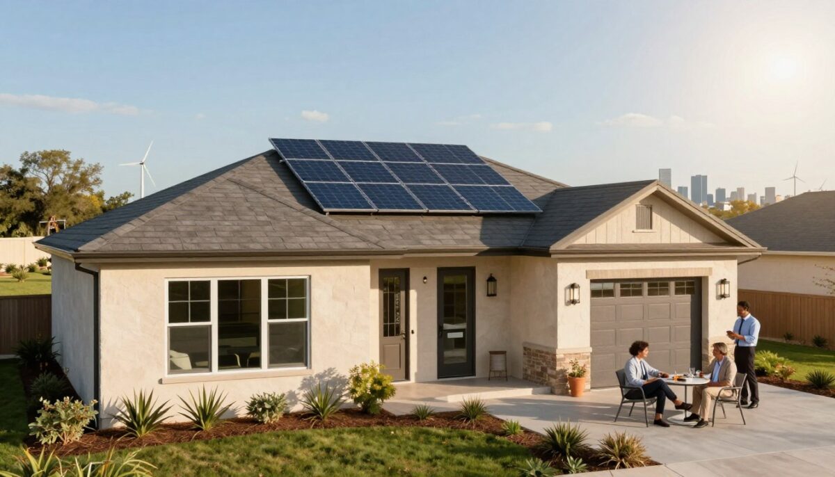 A modern Texas home showcasing energy efficiency improvements under a bright, sunny sky. In the foreground, highlight energy-efficient windows with reflective coatings and insulated doors, emphasizing their role in keeping cool air in. The middle ground features solar panels on the roof and lush native landscaping that requires minimal irrigation. Include a patio where a family in professional business attire enjoys a cool breeze, illustrating comfort and savings. The background displays the Texas skyline, with a few wind turbines subtly integrated into the landscape, promoting a sustainable future. Use warm, inviting lighting to enhance the atmosphere of comfort and efficiency, while employing a slightly elevated angle to capture the full view of this energy-efficient home. A modern Texas home showcasing energy efficiency improvements under a bright, sunny sky. In the foreground, highlight energy-efficient windows with reflective coatings and insulated doors, emphasizing their role in keeping cool air in. The middle ground features solar panels on the roof and lush native landscaping that requires minimal irrigation. Include a patio where a family in professional business attire enjoys a cool breeze, illustrating comfort and savings. The background displays the Texas skyline, with a few wind turbines subtly integrated into the landscape, promoting a sustainable future. Use warm, inviting lighting to enhance the atmosphere of comfort and efficiency, while employing a slightly elevated angle to capture the full view of this energy-efficient home.