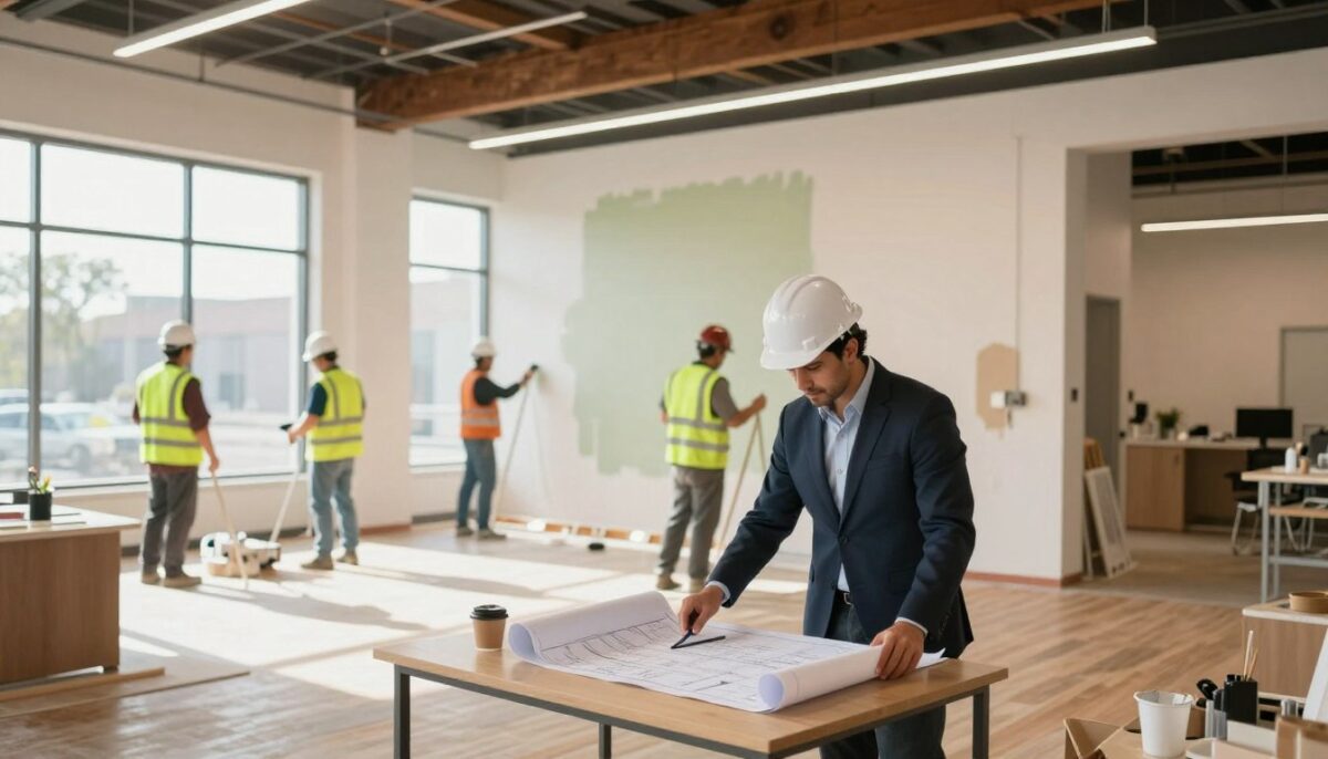 A modern commercial renovation scene in San Antonio, showcasing a spacious, brightly lit interior of a recently improved office space. In the foreground, a professional contractor, dressed in smart business attire, examines blueprints on a large desk. The middle section features workers engaged in renovations, such as painting walls and installing fixtures, all wearing hard hats and safety vests. Large windows allow natural light to flood the room, casting soft shadows on the polished wooden floors. In the background, architectural details like exposed beams and modern lighting fixtures add character to the space. The atmosphere is industrious yet welcoming, reflecting a sense of progress and creativity in commercial remodels. Soft focus around the edges to emphasize the central activity. A modern commercial renovation scene in San Antonio, showcasing a spacious, brightly lit interior of a recently improved office space. In the foreground, a professional contractor, dressed in smart business attire, examines blueprints on a large desk. The middle section features workers engaged in renovations, such as painting walls and installing fixtures, all wearing hard hats and safety vests. Large windows allow natural light to flood the room, casting soft shadows on the polished wooden floors. In the background, architectural details like exposed beams and modern lighting fixtures add character to the space. The atmosphere is industrious yet welcoming, reflecting a sense of progress and creativity in commercial remodels. Soft focus around the edges to emphasize the central activity.