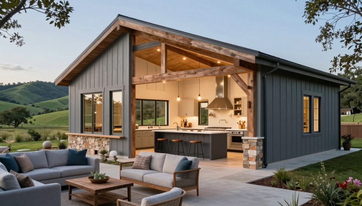 A modern, inviting barndominium design in a picturesque Hill Country setting, featuring a spacious open-plan interior with large windows that flood the space with natural light. In the foreground, showcase a cozy living area with contemporary furniture and rustic decor elements like wooden beams and stone accents. The middle ground includes a beautifully designed kitchen with sleek appliances and a large island perfect for entertaining. In the background, depict rolling green hills and a clear blue sky, enhancing the serene atmosphere. Use soft, warm lighting to create a welcoming ambiance, captured from a slightly elevated angle to emphasize the spacious layout and outdoor scenery. The overall mood reflects comfort, creativity, and tailored design, inviting viewers to envision their unique barndominium vision. A modern, inviting barndominium design in a picturesque Hill Country setting, featuring a spacious open-plan interior with large windows that flood the space with natural light. In the foreground, showcase a cozy living area with contemporary furniture and rustic decor elements like wooden beams and stone accents. The middle ground includes a beautifully designed kitchen with sleek appliances and a large island perfect for entertaining. In the background, depict rolling green hills and a clear blue sky, enhancing the serene atmosphere. Use soft, warm lighting to create a welcoming ambiance, captured from a slightly elevated angle to emphasize the spacious layout and outdoor scenery. The overall mood reflects comfort, creativity, and tailored design, inviting viewers to envision their unique barndominium vision.