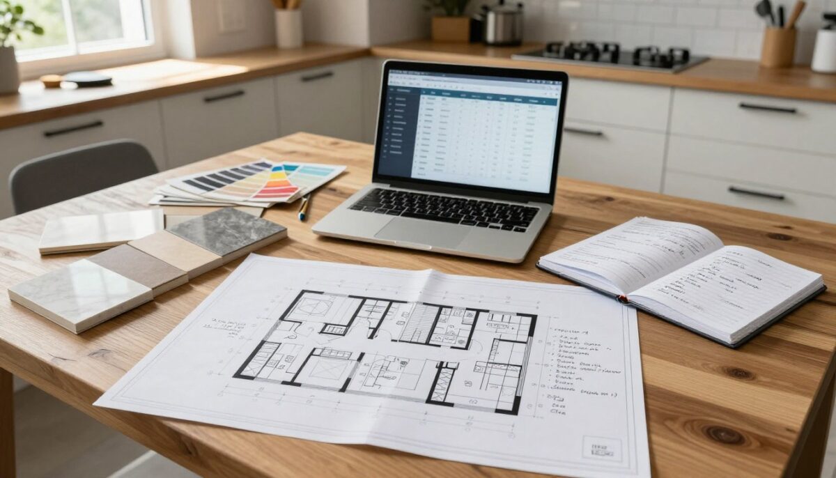 A modern kitchen renovation planning guide laid out on a stylish wooden table. In the foreground, a detailed blueprint of a kitchen layout, complete with measurements and design notes. Beside it, a set of high-quality design samples showcasing various countertop materials, cabinet colors, and flooring options. In the middle layer, a sleek laptop displaying a renovation cost calculator and a notebook filled with handwritten budget notes, emphasizing cost management. In the background, a well-lit kitchen space with tools, paint samples, and a color palette integrated, conveying an atmosphere of creativity and planning. Natural light streams through a window, casting soft shadows and highlighting the organized chaos of renovation preparation. The mood is focused, inspiring, and practical. A modern kitchen renovation planning guide laid out on a stylish wooden table. In the foreground, a detailed blueprint of a kitchen layout, complete with measurements and design notes. Beside it, a set of high-quality design samples showcasing various countertop materials, cabinet colors, and flooring options. In the middle layer, a sleek laptop displaying a renovation cost calculator and a notebook filled with handwritten budget notes, emphasizing cost management. In the background, a well-lit kitchen space with tools, paint samples, and a color palette integrated, conveying an atmosphere of creativity and planning. Natural light streams through a window, casting soft shadows and highlighting the organized chaos of renovation preparation. The mood is focused, inspiring, and practical.