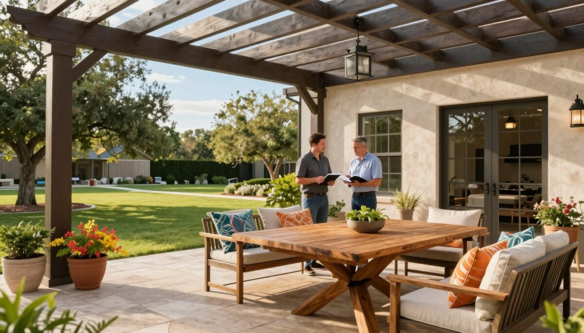 A modern outdoor living space designed for hot Texas summers, showcasing a stylish patio with comfortable seating and a rustic wooden dining table under a large, elegant pergola. In the foreground, include vibrant potted plants and colorful cushions, emphasizing a cozy, inviting atmosphere. In the middle ground, a professional outdoor contractor in smart casual attire inspects the area with a notepad in hand, demonstrating trust and expertise. The background features a well-maintained lawn and mature trees, with blue sky and soft, warm sunlight filtering through. Use a wide-angle lens to capture the spacious layout, enhancing the mood of relaxation and outdoor enjoyment, perfect for San Antonio homeowners looking to enhance their living space. A modern outdoor living space designed for hot Texas summers, showcasing a stylish patio with comfortable seating and a rustic wooden dining table under a large, elegant pergola. In the foreground, include vibrant potted plants and colorful cushions, emphasizing a cozy, inviting atmosphere. In the middle ground, a professional outdoor contractor in smart casual attire inspects the area with a notepad in hand, demonstrating trust and expertise. The background features a well-maintained lawn and mature trees, with blue sky and soft, warm sunlight filtering through. Use a wide-angle lens to capture the spacious layout, enhancing the mood of relaxation and outdoor enjoyment, perfect for San Antonio homeowners looking to enhance their living space.