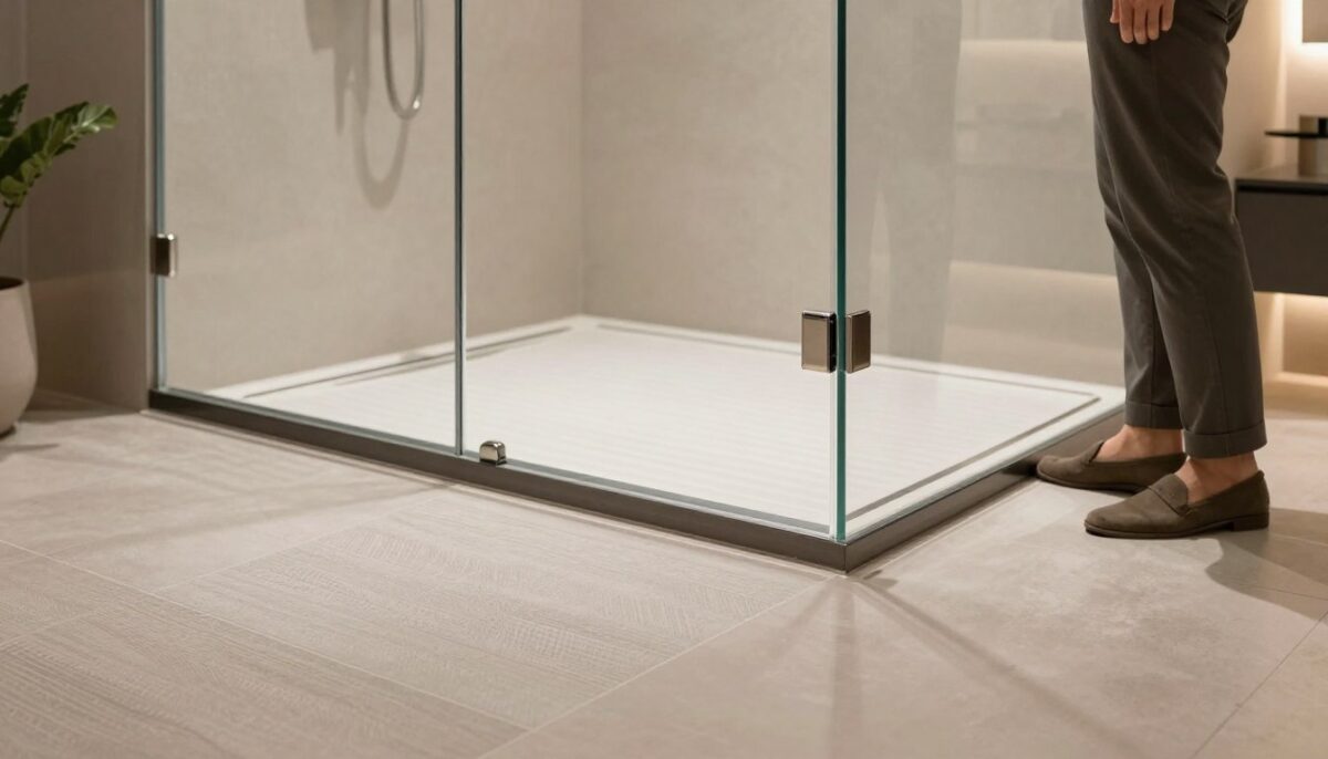 A modern walk-in shower featuring a stylish and durable shower floor with integrated drainage, emphasizing traction for safety. In the foreground, a close-up view of textured tiles, showcasing subtle patterns that enhance grip. The middle ground displays the sleek, minimalist design of the shower, with a glass panel and polished metal fixtures reflecting light elegantly. The background features soft, ambient lighting creating a serene atmosphere, with hints of neutral-colored walls and decorative elements like potted plants. A professional-looking individual in modest attire stands nearby, examining the shower design with an appraising gaze, conveying an air of sophistication and functionality. The overall mood is elegant and contemporary, highlighting the balance between style and practicality in modern bathroom design.