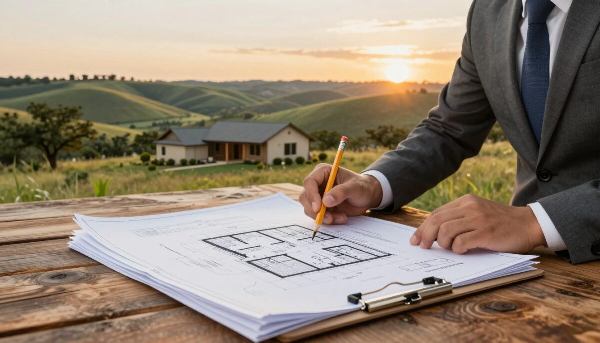 A scenic Texas Hill Country landscape showcasing rolling hills and vast open skies, emphasizing the concept of building regulations. In the foreground, a well-organized stack of building blueprints and a clipboard with a pencil, symbolizing codes and approvals, laid on a rustic wooden table. The middle ground features a professional-looking individual in business attire, studying the plans intently, with a distant view of a modest, architecturally appropriate home blending into the landscape. The background reveals lush greenery and a sunset casting golden light over the hills, creating a warm, inviting atmosphere. Use soft, natural lighting to enhance the details of the landscape and maintain a professional yet relaxed mood. Capture this scene with a slightly elevated angle to give depth to the foreground and background elements.