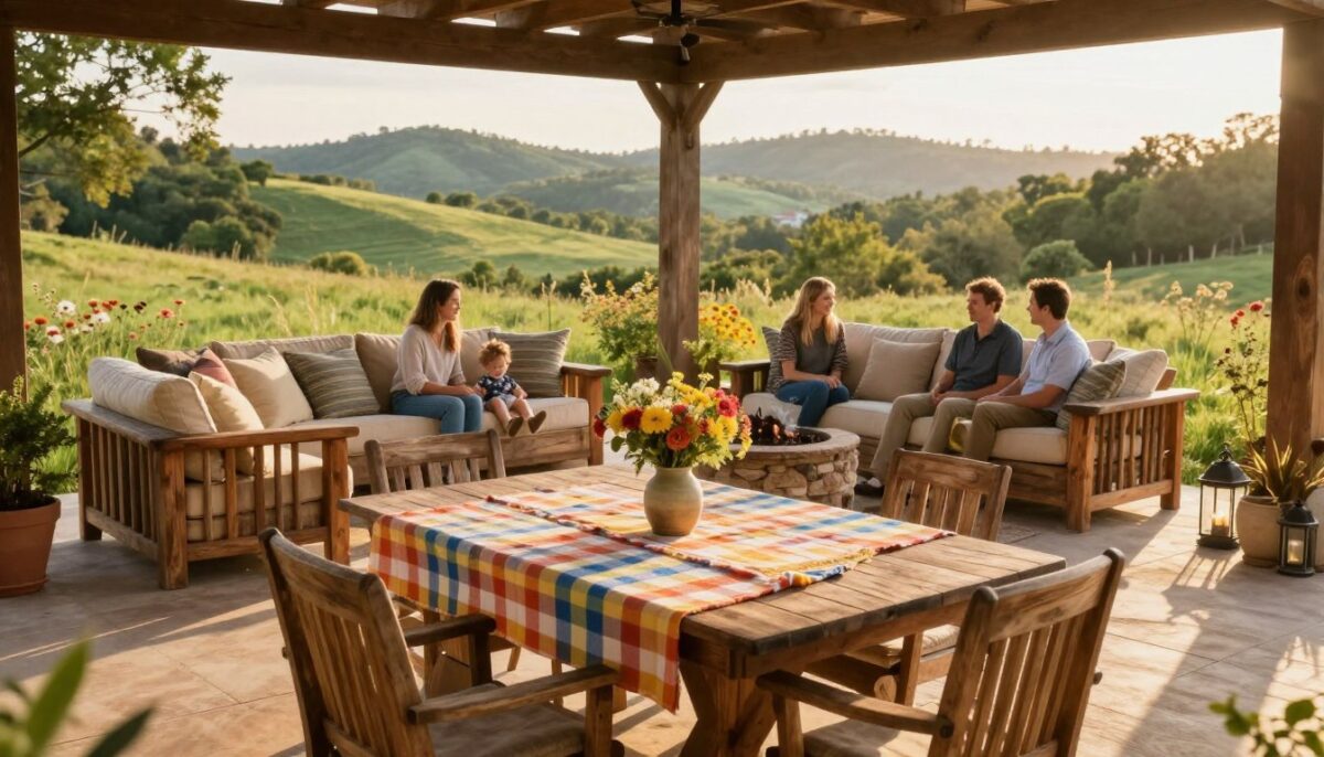 A serene country patio scene designed for family gatherings, featuring a spacious outdoor living area with comfortable, rustic wooden furniture. In the foreground, a large wooden dining table is set for six, adorned with a cheerful checkered tablecloth and fresh flowers in a vase. In the middle, a cozy seating area with plush cushions offers inviting spaces for conversation, alongside a stone fire pit surrounded by decorative lanterns. Lush green hills and wildflowers frame the background, hinting at the beauty of the Hill Country landscape. The soft golden glow of late afternoon sunlight bathes the scene, creating a warm and welcoming atmosphere. The image captures the essence of comfort and togetherness, perfect for everyday family life.