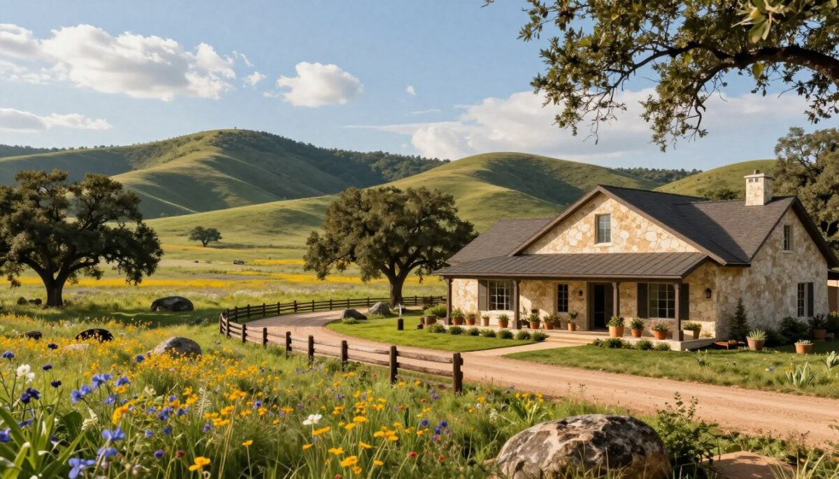 A serene panorama of the Texas Hill Country, showcasing a picturesque landscape with rolling hills covered in lush greenery, vibrant wildflowers, and oak trees. In the foreground, a charming, modern ranch-style home features a stone facade and a welcoming porch decorated with potted plants. The middle ground reveals a gently winding dirt road leading to the house, lined with rustic wooden fencing and boulders. In the background, soft hills rise against a clear blue sky, with sunlight filtering through scattered clouds, creating a warm and inviting atmosphere. The scene is captured from a low angle to emphasize the home's architectural design, with natural lighting that enhances the colors and textures of the landscape. The overall mood evokes tranquility and a deep connection to nature, perfect for illustrating the essence of Boerne and the Texas Hill Country. A serene panorama of the Texas Hill Country, showcasing a picturesque landscape with rolling hills covered in lush greenery, vibrant wildflowers, and oak trees. In the foreground, a charming, modern ranch-style home features a stone facade and a welcoming porch decorated with potted plants. The middle ground reveals a gently winding dirt road leading to the house, lined with rustic wooden fencing and boulders. In the background, soft hills rise against a clear blue sky, with sunlight filtering through scattered clouds, creating a warm and inviting atmosphere. The scene is captured from a low angle to emphasize the home's architectural design, with natural lighting that enhances the colors and textures of the landscape. The overall mood evokes tranquility and a deep connection to nature, perfect for illustrating the essence of Boerne and the Texas Hill Country.