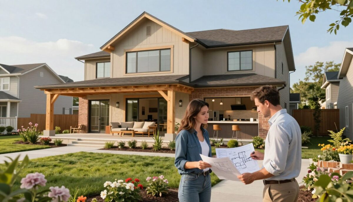 A serene suburban setting showcasing various custom home addition designs, such as a sunlit family room extension with large windows, a cozy outdoor patio, and a stylish kitchen expansion. In the foreground, two professional architects in smart casual attire discuss blueprints and house plans, surrounded by vibrant green landscaping and blooming flowers. The middle ground features a partially constructed home addition, illustrating both modern and traditional architectural elements, with wooden beams and brickwork. The background shows a clear blue sky and nearby homes, creating a cohesive neighborhood atmosphere. Soft, warm lighting bathes the scene, evoking a sense of comfort and possibility, with a gentle lens blur enhancing focus on the home addition solutions. A serene suburban setting showcasing various custom home addition designs, such as a sunlit family room extension with large windows, a cozy outdoor patio, and a stylish kitchen expansion. In the foreground, two professional architects in smart casual attire discuss blueprints and house plans, surrounded by vibrant green landscaping and blooming flowers. The middle ground features a partially constructed home addition, illustrating both modern and traditional architectural elements, with wooden beams and brickwork. The background shows a clear blue sky and nearby homes, creating a cohesive neighborhood atmosphere. Soft, warm lighting bathes the scene, evoking a sense of comfort and possibility, with a gentle lens blur enhancing focus on the home addition solutions.