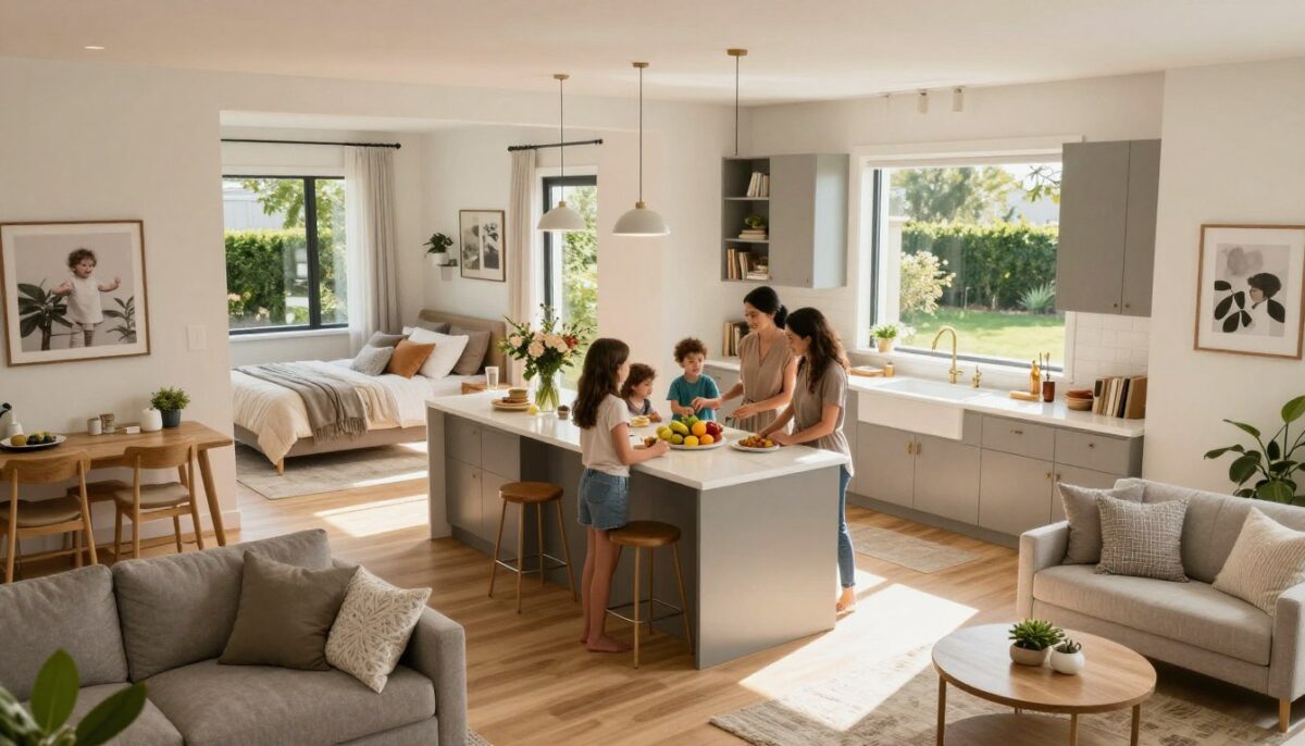 A spacious and modern multi-generational home design, showcasing an open floor plan that emphasizes connection and privacy. In the foreground, a cozy living area with comfortable furniture, soft lighting, and family photos. In the middle, a communal kitchen with a large island where family members gather, adorned with fresh flowers and fruits, radiating warmth and togetherness. In the background, separate private areas, including a bedroom with a small reading nook and a private study space, surrounded by greenery visible through large windows, providing tranquility. The setting is illuminated by natural light streaming in, creating a bright and inviting atmosphere. Shot from a slightly high angle for a comprehensive view, conveying a balance of connectivity and personal space in family living.