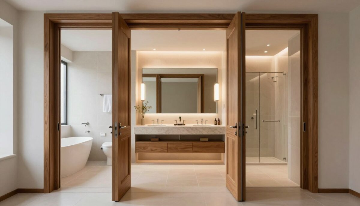 A spacious, elegantly designed bathroom entry featuring wide doors for improved accessibility. In the foreground, two stylish, wide door frames made of polished wood with modern hardware, open to reveal a beautifully designed bathroom layout. The middle section showcases a chic, minimalist bathroom with a large, double sink vanity, sleek stone countertops, and a well-lit mirror, accented by soft, warm overhead lighting. In the background, the layout emphasizes ample space for maneuverability, with a luxurious walk-in shower and tasteful decor. The colors are soothing neutrals, creating a peaceful atmosphere. The scene is captured with a wide-angle lens, emphasizing the openness and accessibility of the space, while natural light filters in from a frosted window, adding a touch of softness to the overall ambiance.