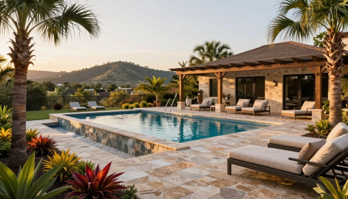 A stunning custom pool design for a San Antonio property, showcasing an elegant infinity edge pool with natural stone coping. In the foreground, lush tropical landscaping includes palm trees and colorful native plants, with a stylish outdoor seating area featuring comfortable, professional-grade lounge furniture. The middle ground reveals the pool surrounded by a textured stone deck, contrasted by wooden pergolas offering shaded areas for relaxation. In the background, rolling hills of the Texas Hill Country provide a picturesque backdrop, bathed in warm golden hour lighting. The image captures a serene and inviting atmosphere, emphasizing outdoor living harmony. The perspective is a wide-angle shot, enhancing the spacious feeling of the area. A stunning custom pool design for a San Antonio property, showcasing an elegant infinity edge pool with natural stone coping. In the foreground, lush tropical landscaping includes palm trees and colorful native plants, with a stylish outdoor seating area featuring comfortable, professional-grade lounge furniture. The middle ground reveals the pool surrounded by a textured stone deck, contrasted by wooden pergolas offering shaded areas for relaxation. In the background, rolling hills of the Texas Hill Country provide a picturesque backdrop, bathed in warm golden hour lighting. The image captures a serene and inviting atmosphere, emphasizing outdoor living harmony. The perspective is a wide-angle shot, enhancing the spacious feeling of the area.