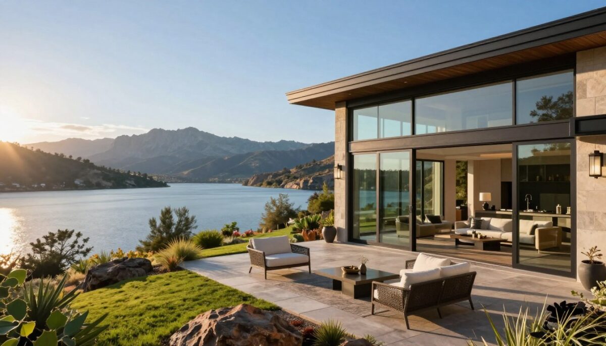 A stunning luxury home designed around the breathtaking Canyon Lake view, featuring large glass walls that seamlessly blend indoor and outdoor living spaces. In the foreground, the elegant home showcases a modern architectural design with a spacious patio adorned with tasteful outdoor furniture. The middle ground reveals a gently sloping landscape leading to the shimmering lake, dotted with lush greenery and rocky outcrops. In the background, majestic mountains rise into a clear blue sky, reflecting the sunlight. The scene is bathed in warm, golden hour light, casting soft shadows and creating an inviting atmosphere. The camera angle captures the home from a slight elevation, emphasizing its harmony with the natural surroundings. Overall, the image evokes a sense of tranquility and luxury living in perfect balance with nature.