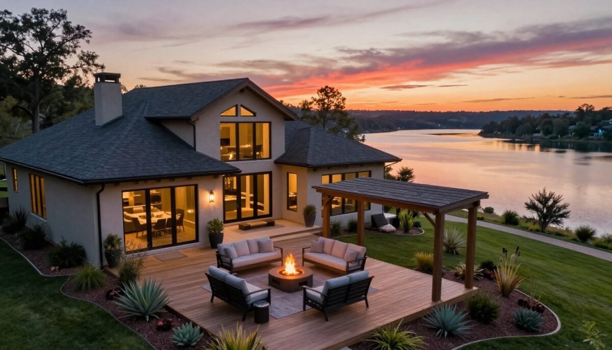 A stunning luxury home designed for recreation and privacy, strategically positioned on the edge of Canyon Lake. The foreground features a spacious wooden deck with elegant outdoor furniture, including a fire pit and a shaded seating area. In the middle ground, the home showcases large glass windows, blending indoor and outdoor spaces, surrounded by lush landscaping with native plants. The background reveals a breathtaking view of the shimmering lake reflecting the vibrant sunset hues. Soft, warm lighting creates a cozy atmosphere, while an aerial perspective captures the serene beauty and tranquility of the surroundings. The scene conveys a perfect blend of comfort, luxury, and natural beauty, offering a sense of peace and relaxation.