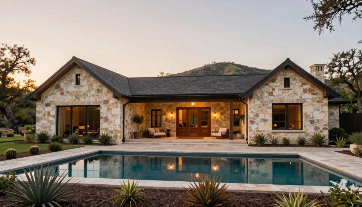 A stunning modern luxury estate set in the lush Texas Hill Country, featuring a blend of rustic stone and modern glass architecture. In the foreground, elegant landscaping with native Texas plants and a glistening infinity pool reflects the expansive sky. The middle ground showcases the home's elegant entrance, highlighted by large wooden doors and a covered porch with comfortable seating, perfect for relaxing. In the background, gently rolling hills are bathed in warm, golden sunset light, enhancing the natural beauty of the area. Capture the image from a low angle to emphasize the grandeur of the estate, with soft, inviting warm lighting to evoke a serene and welcoming atmosphere. The scene should feel luxurious yet connected to nature, encapsulating the essence of a modern Texas Hill Country estate without any text or overlays.