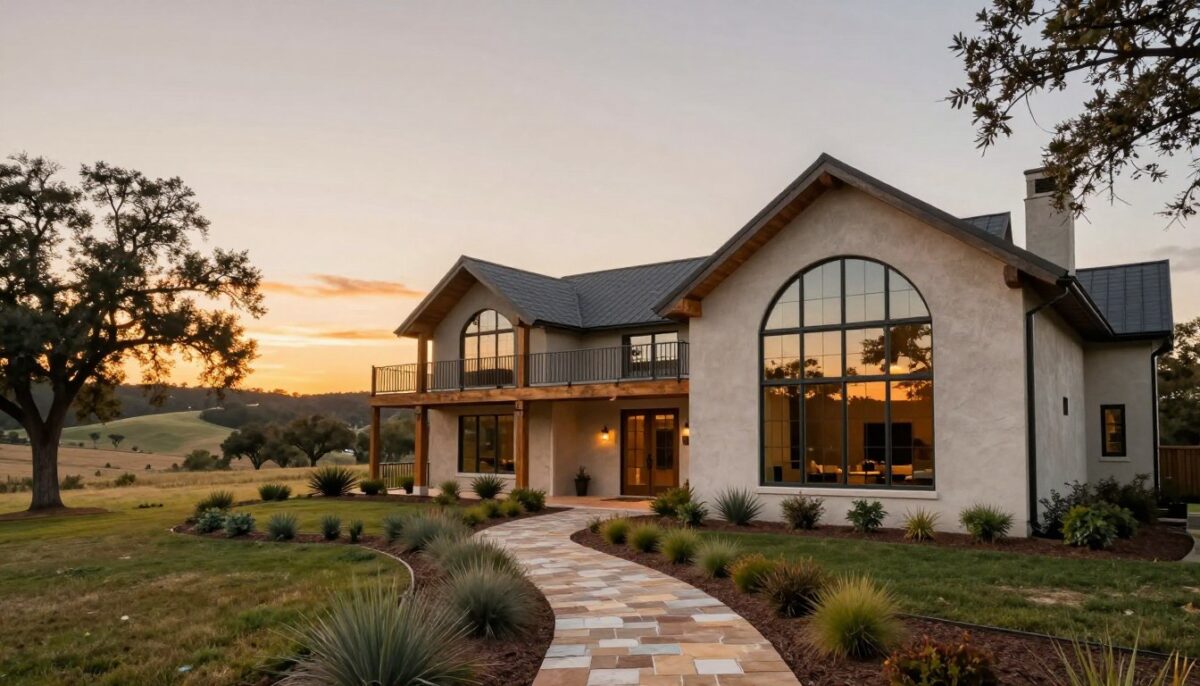 A stunning view of modern Texas Hill Country architecture, featuring a custom-built home with clean lines and large windows that reflect the natural landscape. In the foreground, a beautifully landscaped yard with native plants and stone pathways leads to the entrance. The middle ground showcases the home's balcony with rustic wood accents, surrounded by gentle rolling hills and scattered oak trees. The background is filled with a vibrant sunset casting warm golden light over the scene, creating a tranquil atmosphere. The image is captured with a wide-angle lens to emphasize the home's integration with its surroundings. The mood is serene and inviting, highlighting the essence of Hill Country living in Fredericksburg. A stunning view of modern Texas Hill Country architecture, featuring a custom-built home with clean lines and large windows that reflect the natural landscape. In the foreground, a beautifully landscaped yard with native plants and stone pathways leads to the entrance. The middle ground showcases the home's balcony with rustic wood accents, surrounded by gentle rolling hills and scattered oak trees. The background is filled with a vibrant sunset casting warm golden light over the scene, creating a tranquil atmosphere. The image is captured with a wide-angle lens to emphasize the home's integration with its surroundings. The mood is serene and inviting, highlighting the essence of Hill Country living in Fredericksburg.