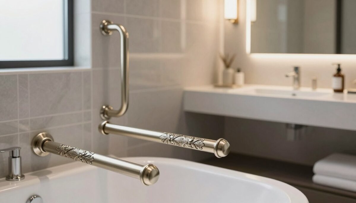 A stylishly designed bathroom featuring elegantly integrated decorative grab bars, showcasing a modern aesthetic. In the foreground, focus on ornate grab bars made of brushed nickel with intricate floral designs, mounted securely beside a minimalist bathtub. The middle section reveals a sleek, vanities with soft curves, and a large, frameless mirror reflecting warm, ambient lighting. The background features tasteful tiles in soft grays and whites, with subtle textures enhancing the elegance. Natural light filters in through a frosted window, creating a calming atmosphere. The angle captures the depth of the room, highlighting the seamless blend of functionality and style, showcasing how accessibility can complement interior design beautifully.
