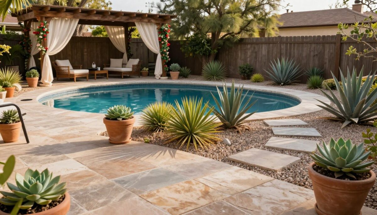 A vibrant San Antonio backyard showcasing durable landscaping materials that enhance an outdoor living space. In the foreground, a beautifully arranged patio made of natural stone tiles, accented with potted succulents and hardy native plants. The middle ground features a large, inviting pool surrounded by decorative gravel and drought-resistant plants, such as yucca and agave, which thrive in the Texas climate. The background includes a wooden pergola draped with sheer fabric, providing shade and comfort, with hints of flowering vines climbing up the posts. Soft, warm sunlight bathes the scene, emphasizing the rich textures of the materials and plants. The angle is slightly elevated, capturing the entirety of the backyard layout, showcasing harmony and tranquility in design. A vibrant San Antonio backyard showcasing durable landscaping materials that enhance an outdoor living space. In the foreground, a beautifully arranged patio made of natural stone tiles, accented with potted succulents and hardy native plants. The middle ground features a large, inviting pool surrounded by decorative gravel and drought-resistant plants, such as yucca and agave, which thrive in the Texas climate. The background includes a wooden pergola draped with sheer fabric, providing shade and comfort, with hints of flowering vines climbing up the posts. Soft, warm sunlight bathes the scene, emphasizing the rich textures of the materials and plants. The angle is slightly elevated, capturing the entirety of the backyard layout, showcasing harmony and tranquility in design.